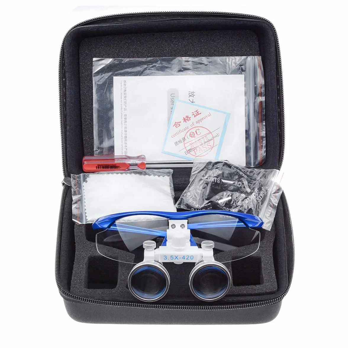 Binocular quirúrgico 3,5 X 420 mm Vidrio óptico antivaho azul