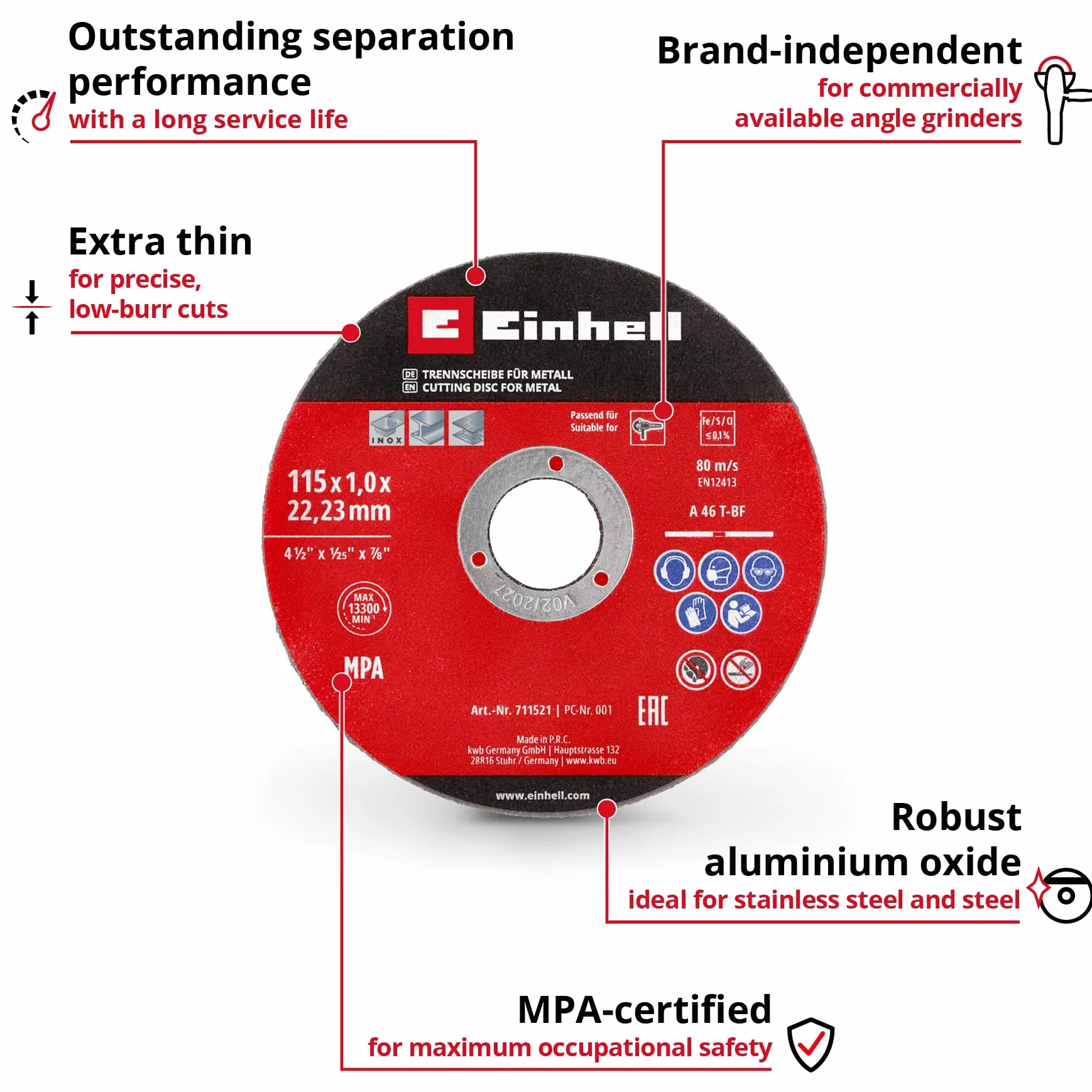 Einhell Juego de 5 discos de corte de inox y metal 115 x 1 mm
