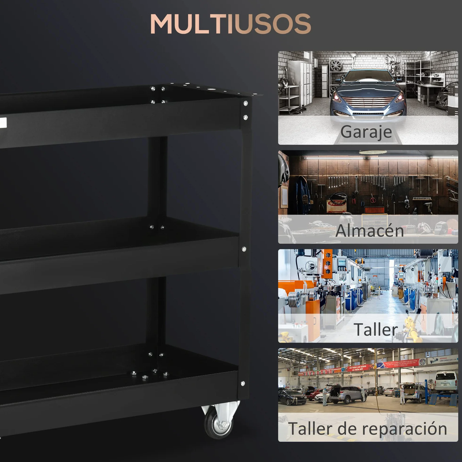 DURHAND Carro de Herramientas con Ruedas 150 kg 83x35,3x76 cm Negro Acero 3 Estantes Taller