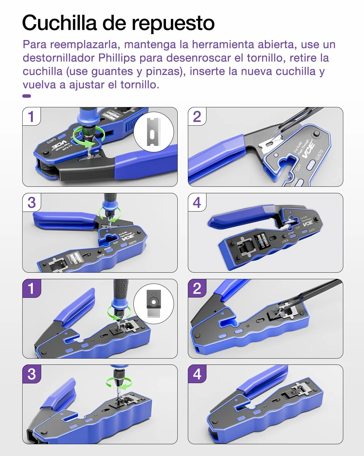 VCE Crimpadora RJ45 Cat7/Cat6A/Cat6/Cat5E GJ670BL Herramienta de Crimpado Universal Corte y Desforre