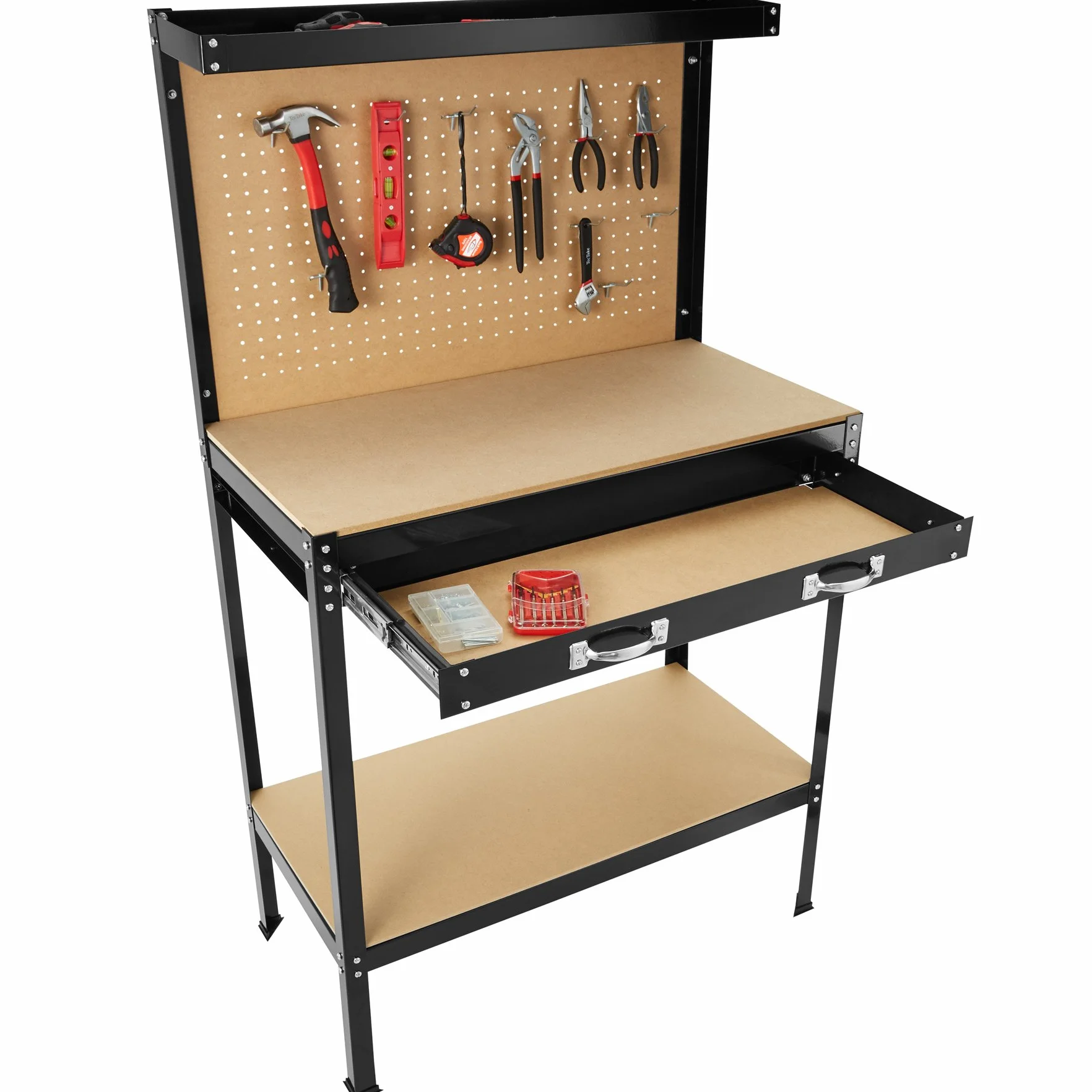 Tectake Banco de Trabajo Taller 81x41x145 cm con 12 Ganchos Panel Herramientas Cajón Grande