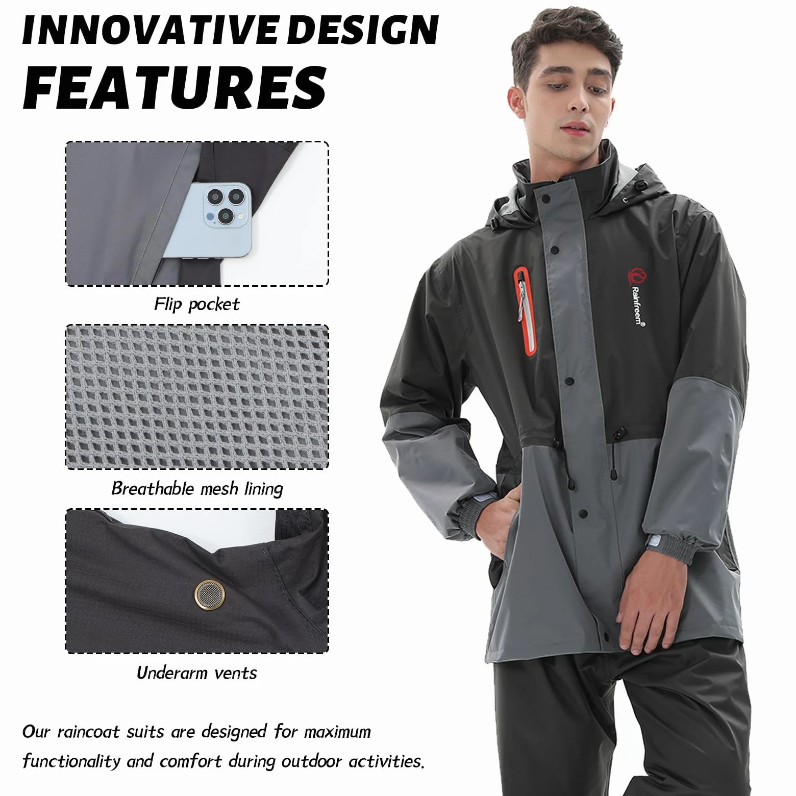 Trajes de Impermeable para Hombre Monos Impermeables al Aire Libre Conjunto de Trajes de Lluvia Transpirables Impermeable de Ciclismo Unisex Ropa de lluvia con Capucha
