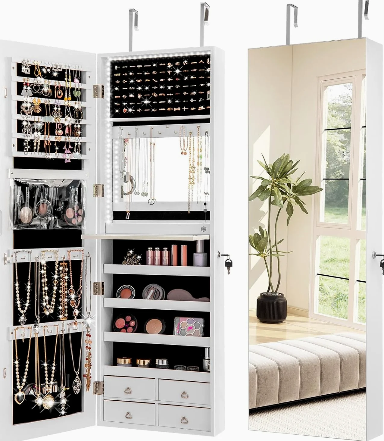 GOPLUS Espejo Joyero con LED, 120 x 37 x12 cm, Armario con Espejo de Pared y en Puerta, Organizador para Pendientes, Collares con Almacenaje, Decoracion Dormitorio Blanco