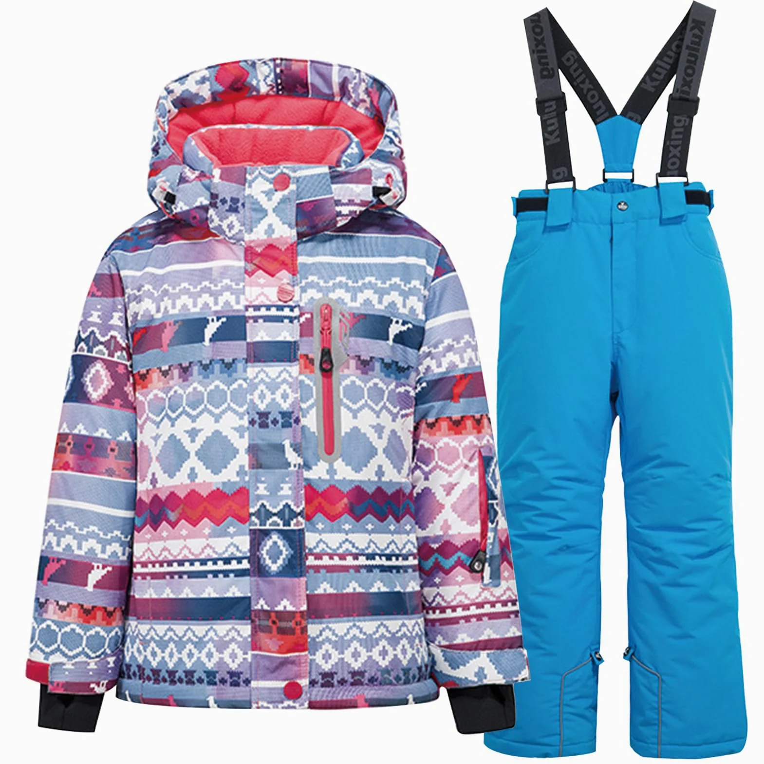 Conjunto de traje de esquí infantil de 2 piezas con capucha, traje de nieve impermeable a prueba de viento para niños y niñas, chaqueta de esquí cálida y pantalones de esquí, pixeles y