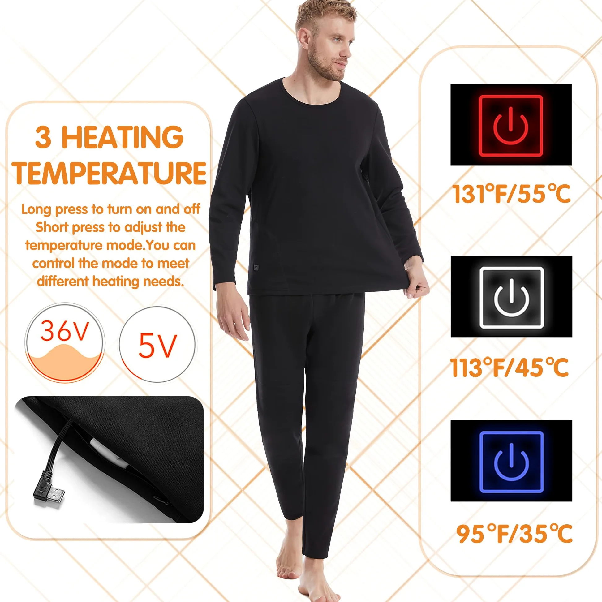 Hombres Calentado Ropa Interior Térmica Caza Caliente Larga Johns Conjunto con 22 Zonas De Calefacción Eléctrica Camisa Y Pantalones