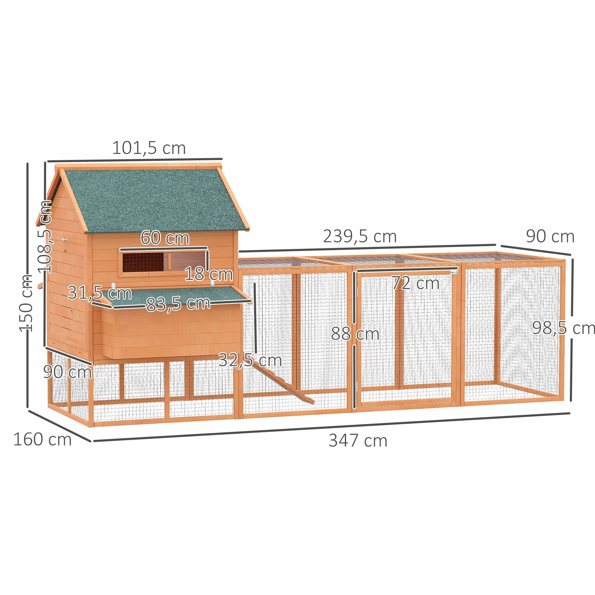 PawHut Gallinero de Madera Grande Exterior 347x160x150 cm para 4-6 Gallinas con 2 Nidos, Corral, Techo Asfáltico