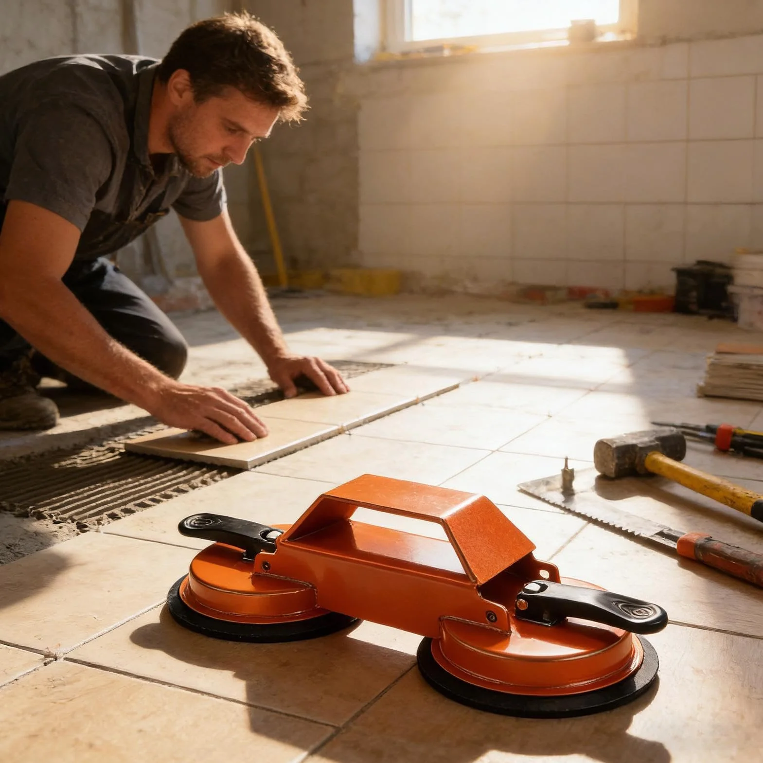 Laminate Floor Repair Tool - Adjustable Closing Suction Cup, Heavy Duty Aluminum Handle Lifter, Floating Wood Plank, Tile Glass Carrier