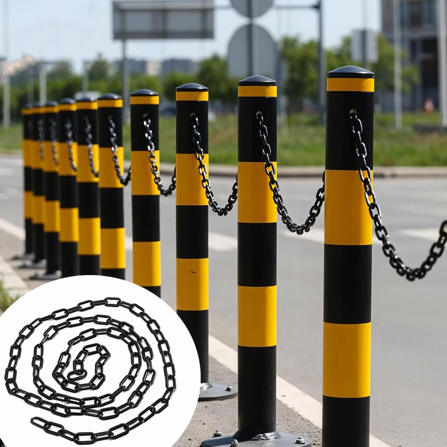 Cadena de plástico negro 1,5m 6mm con 5 ganchos S para control de multitudes