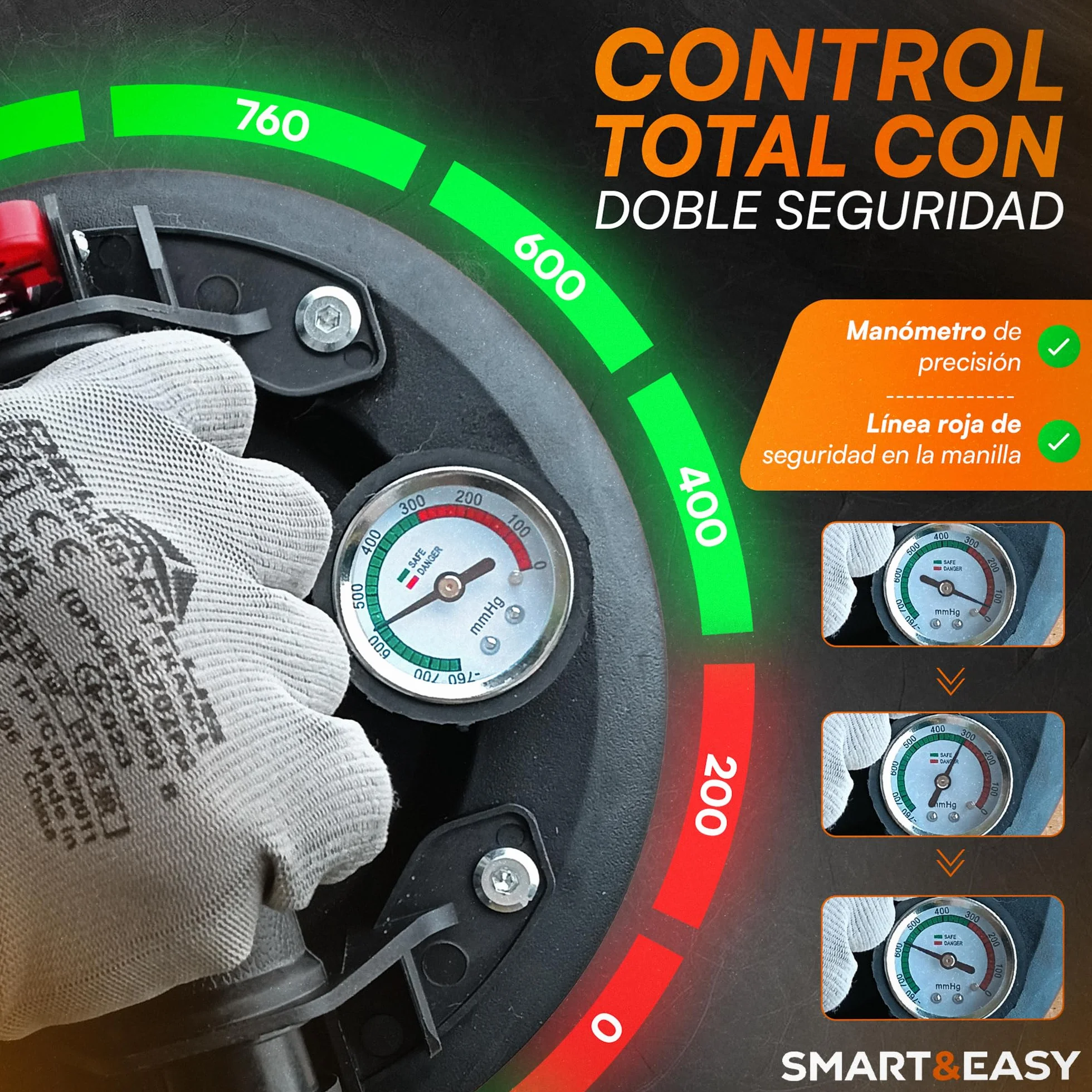 SMART&EASY Set 2 Ventosas para Azulejos con Manómetro 200 kg Succión 200 mm Diámetro Maletín Compacto