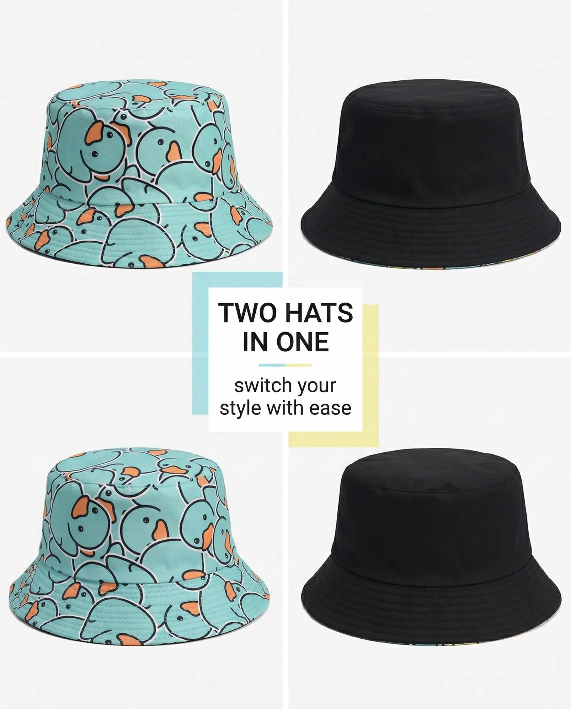 Sombrero Divertido para el Sol de Verano, Gorro de Pescador Reversible con Ala Ancha, Diseño de Pato Amarillo para Niños y Adultos, Unisex (Amarillo)