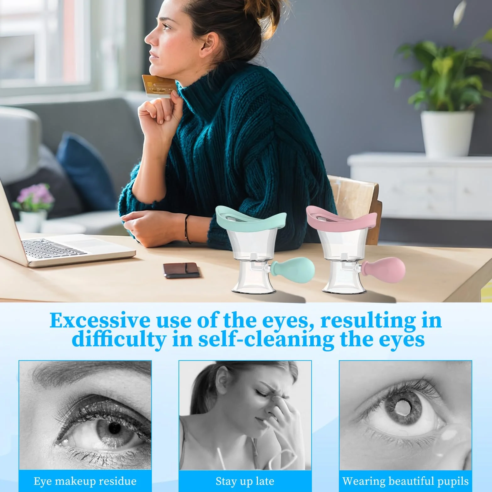Tazas de Ojos Reutilizables Portátiles, Vasos Lavaojos de Silicona, Baño Lavaojos Manual Presión de Aire, (Azul, Rosa)