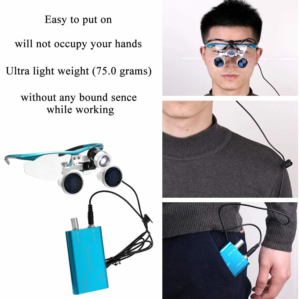 Lupa portátil 3.5X 420mm Quirúrgica Médica Lupas binoculares Auriculares Vidrio óptico LED