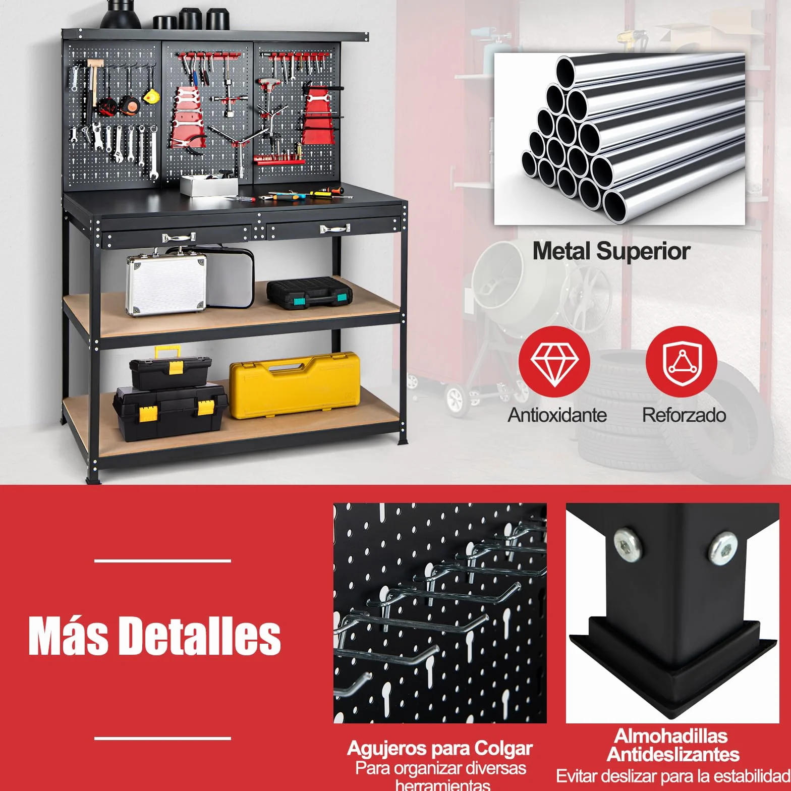 GOPLUS Banco de Trabajo con Panel Perforado, 121x61x156 cm, Organizador de Herramientas