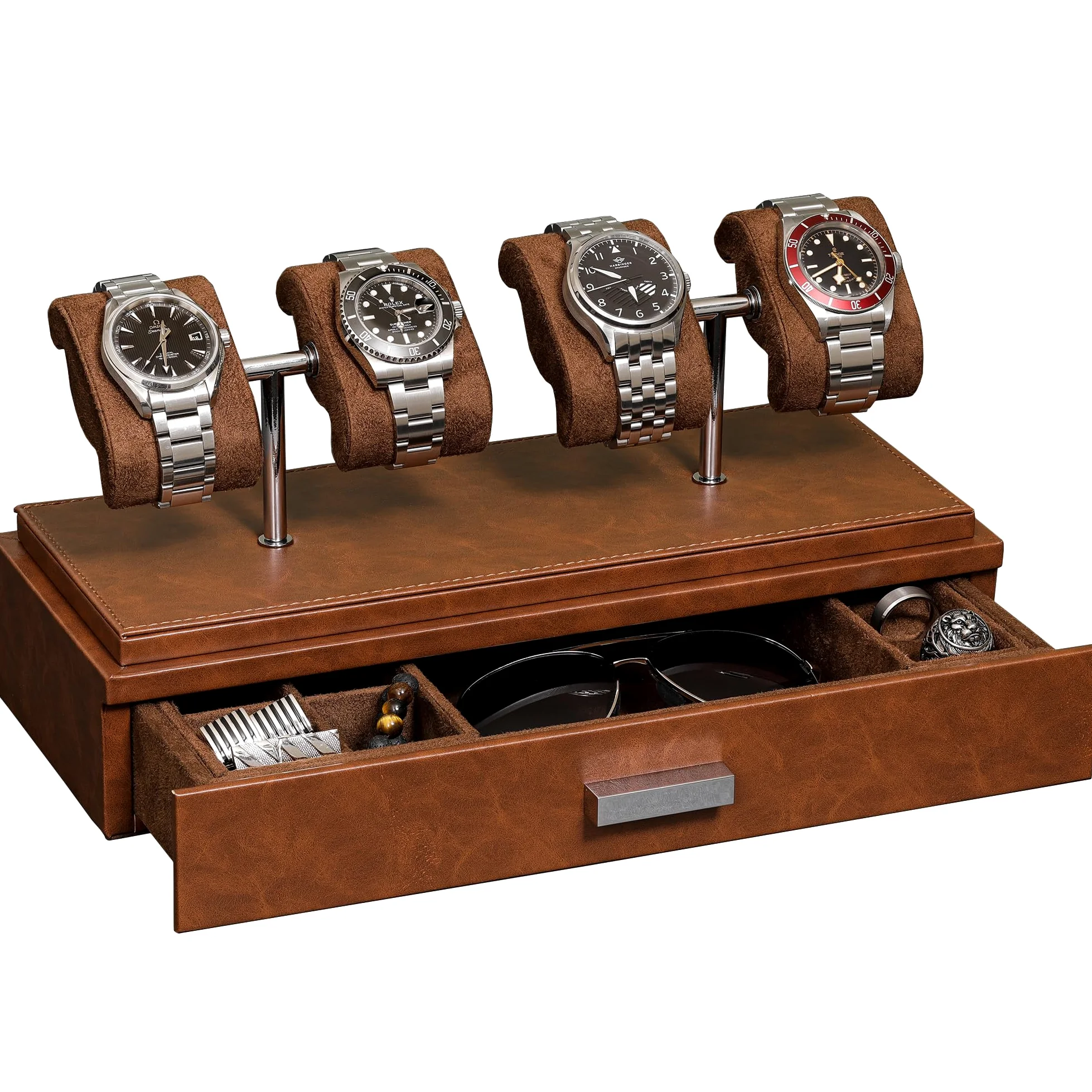 ROTHWELL Expositor de relojes de lujo para 4 relojes, caja de cuero con cubierta acrílica y cojines extraíbles deslizantes, cajón de accesorios con múltiples configuraciones (marrón/marrón)