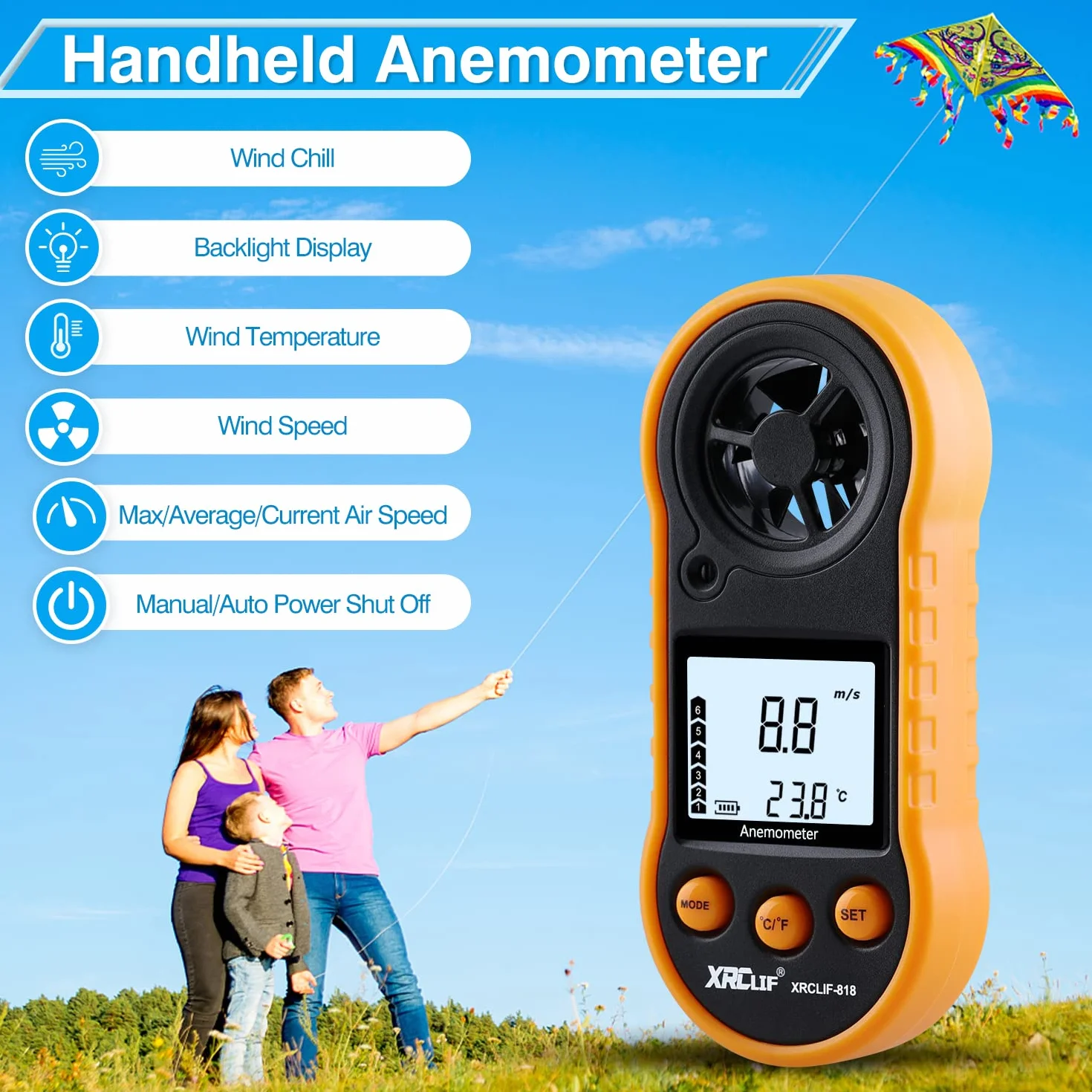 Anemómetro Digital Medidor de Velocidad del Viento XRCLIF Medidor de Flujo de Aire para Temperatura