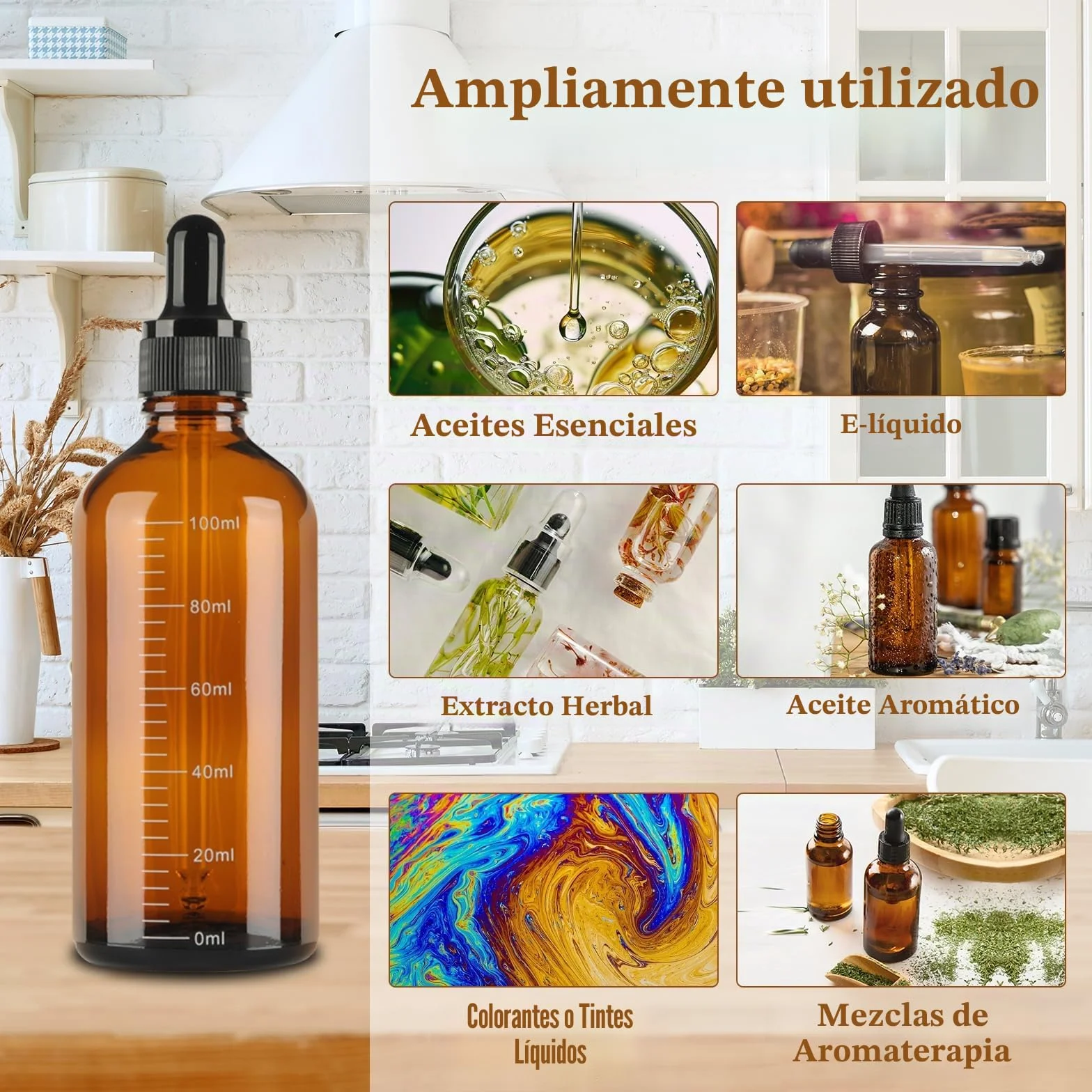 Botellas Cuentagotas Cristal 100ml Ambar 6 Piezas con Embudo y Cuentagotas para Aceite Esencial