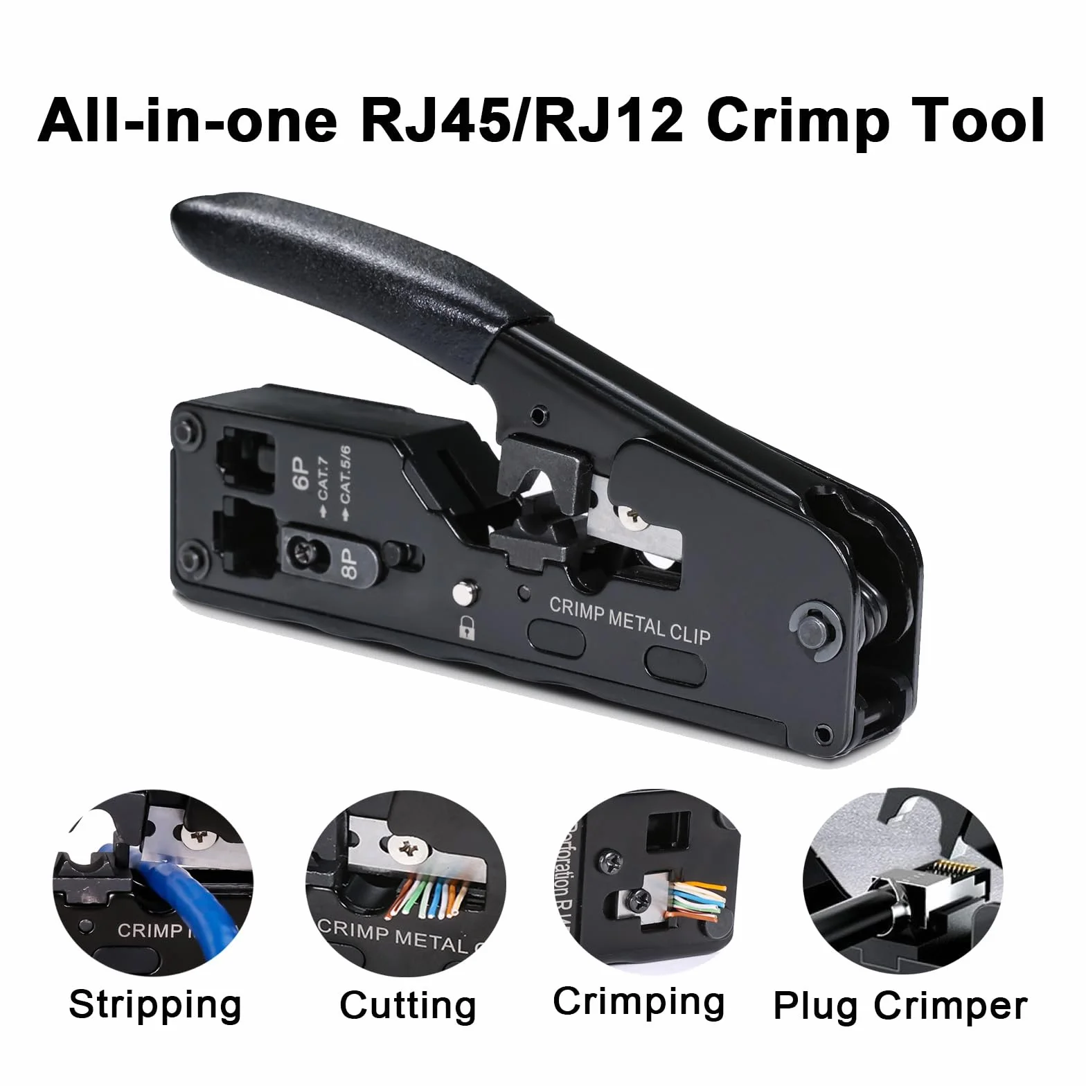 Herramienta de crimpado RJ45 RJ12 todo en uno, crimpadora Ethernet para conector modular Cat5-Cat7, con 50 conectores y cubiertas CAT6