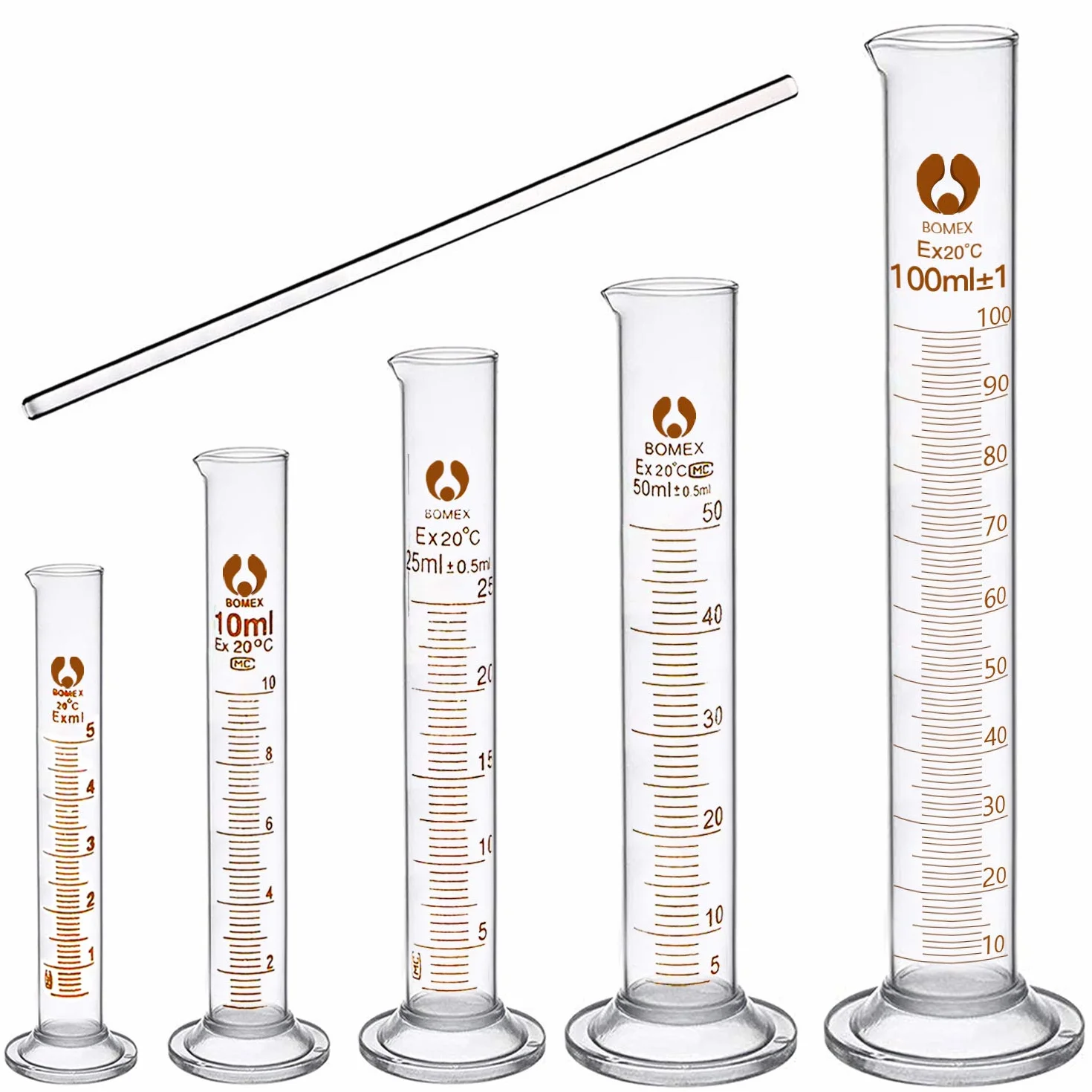 Set de Experimentación de 5 Piezas con Probeta de Medición de Líquido 5ml 10ml 25ml 50ml 100ml, Varilla de Cristal