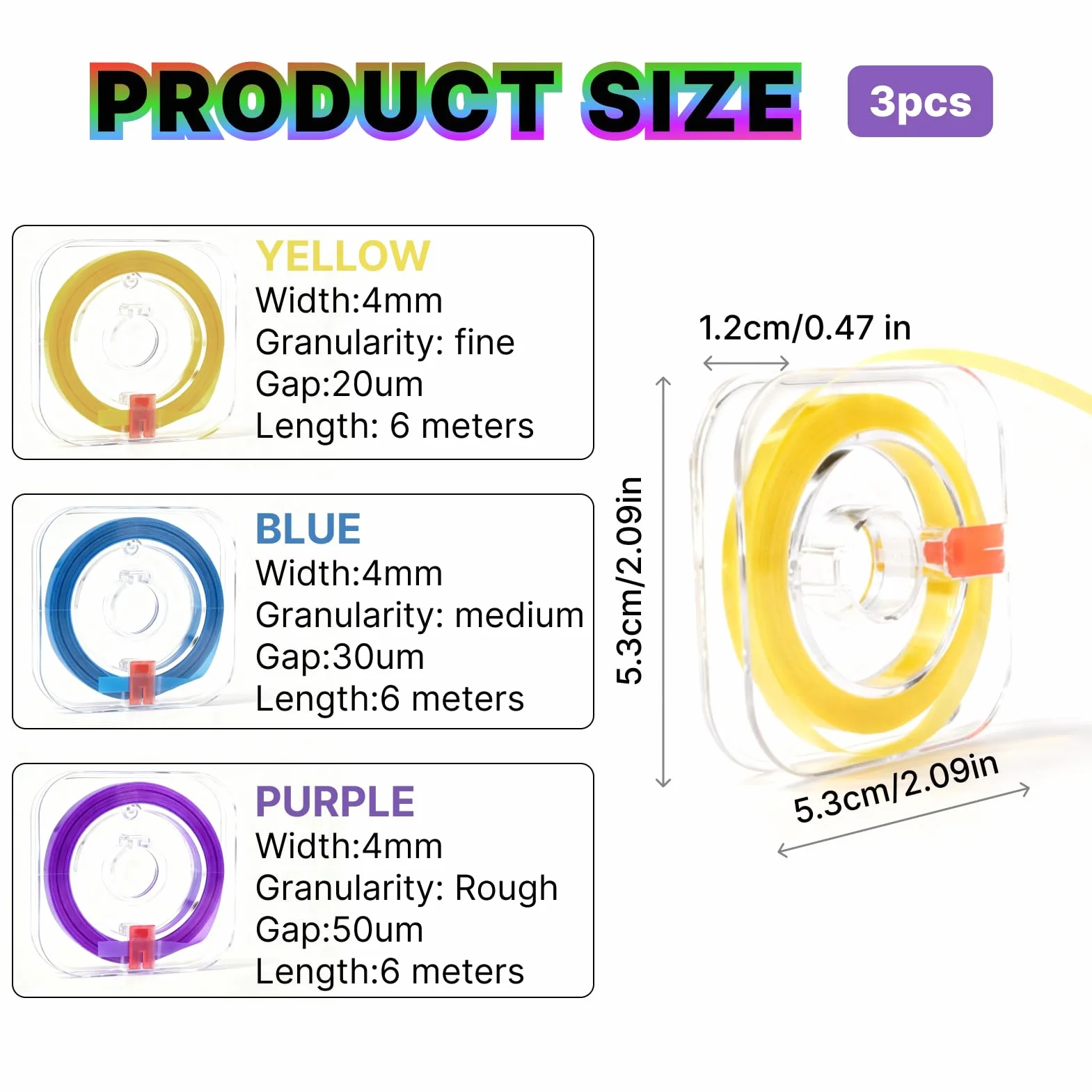 Papel de lija interdental 4 mm x 6 m, 3 rollos lila azul amarillo, para pulido dental e higiene bucal