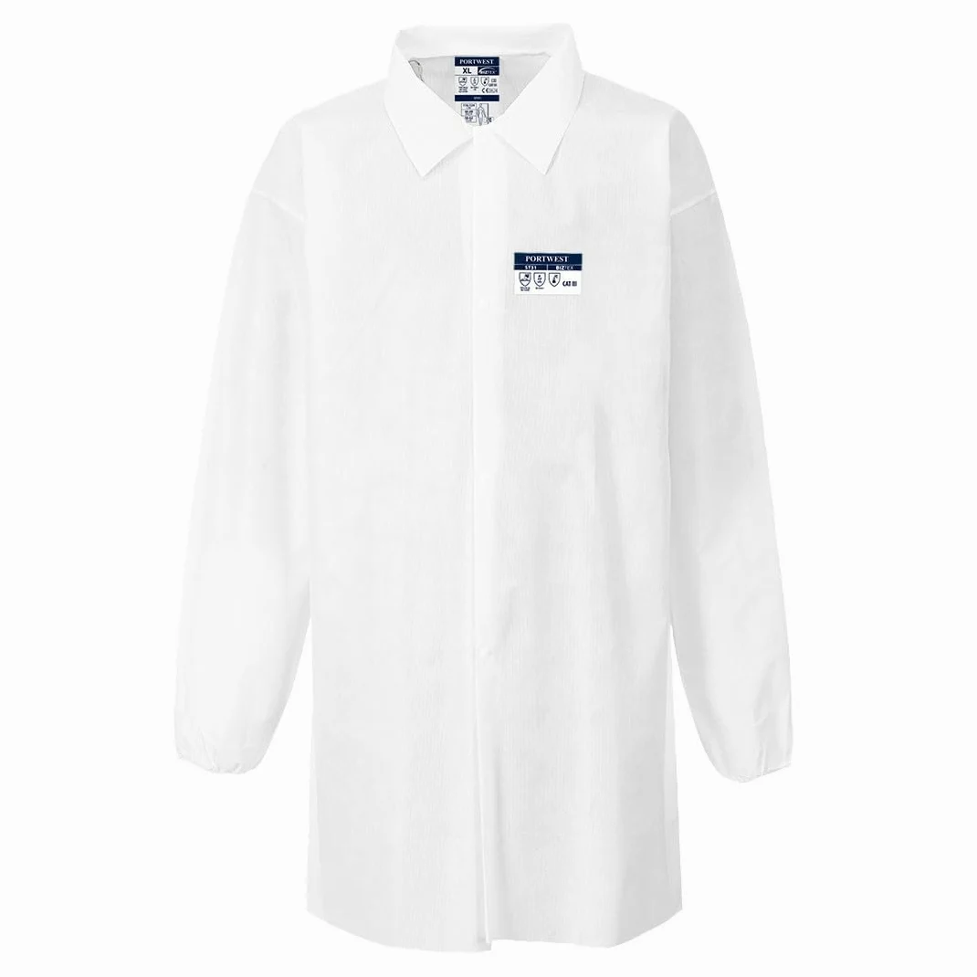 Portwest ST31 Bata Biztex Sms Frontal con Corchetes Oculto Certificado CE | Blanco, L, EN 13034, EN 1149-5, Corte Estándar, Manga Larga, Botones a Presión, Lavable a Máquina, Poliéster, Tejido Exterior