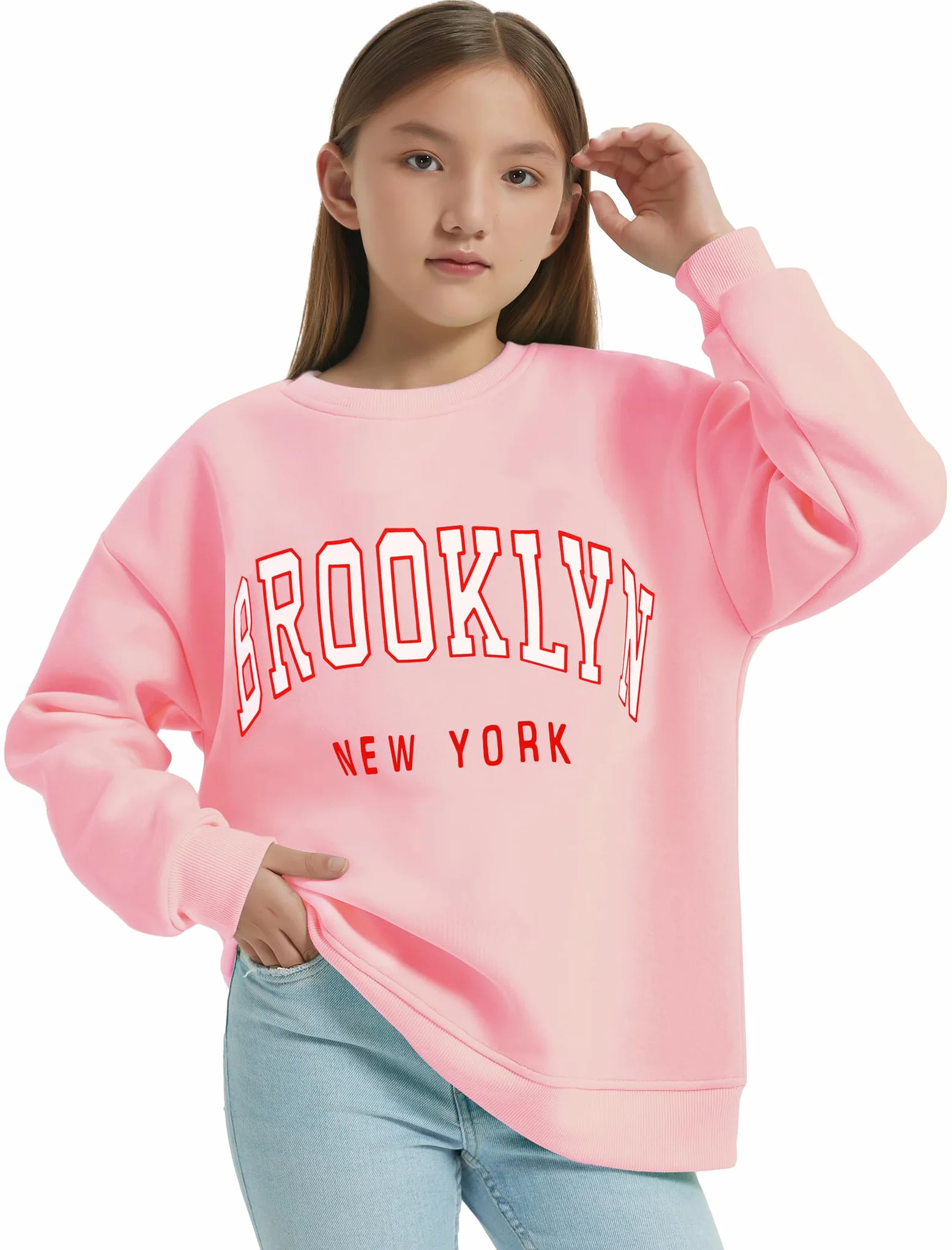 EXARUS Sudadera con capucha para niñas, de gran tamaño, con estampado de letras, cuello redondo, manga larga, casual, para la escuela