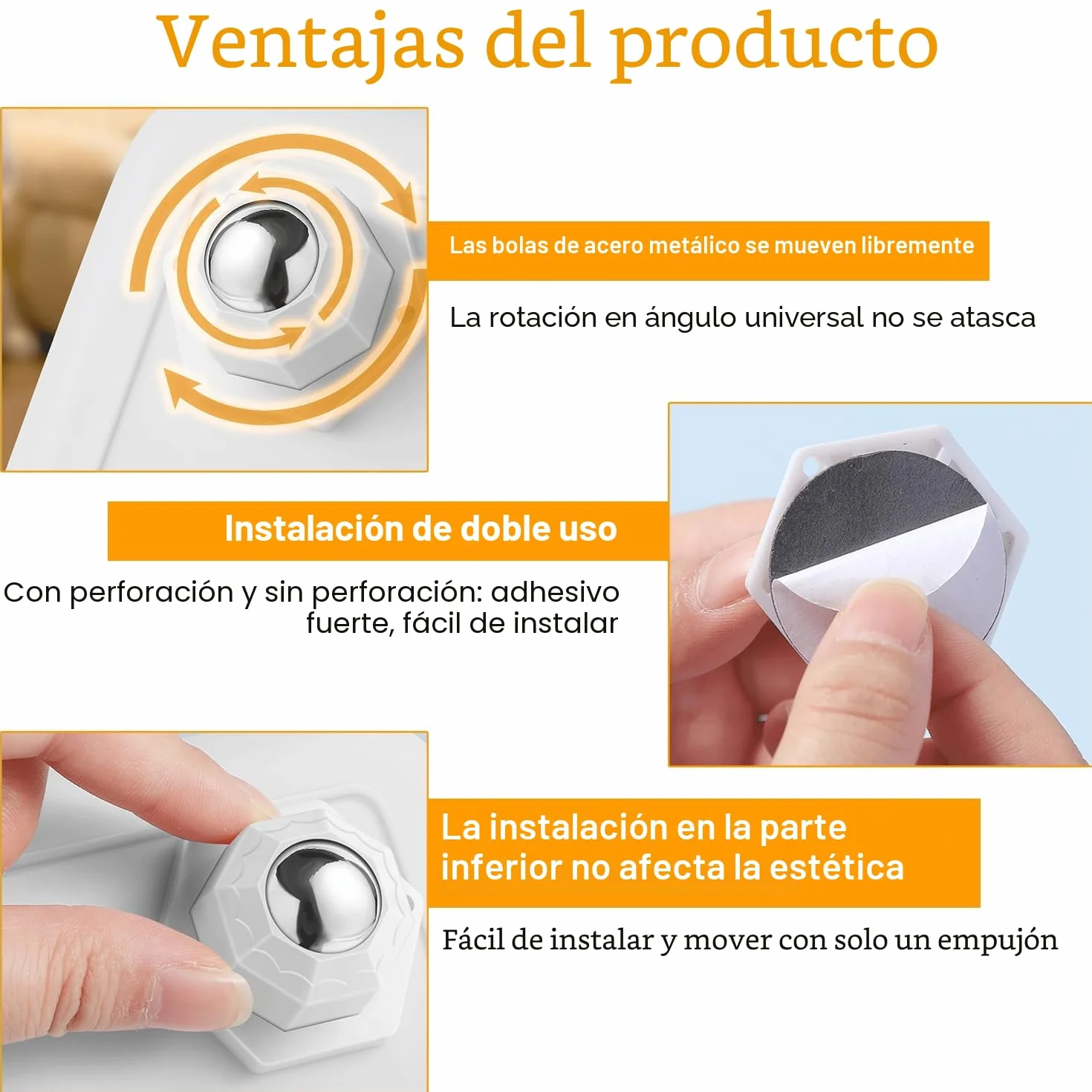 Juego de 12 Ruedas Giratorias Adhesivas para Muebles Pesados, Acero Inoxidable, Mini Ruedas para Electrodomésticos, Mesas y Sillas