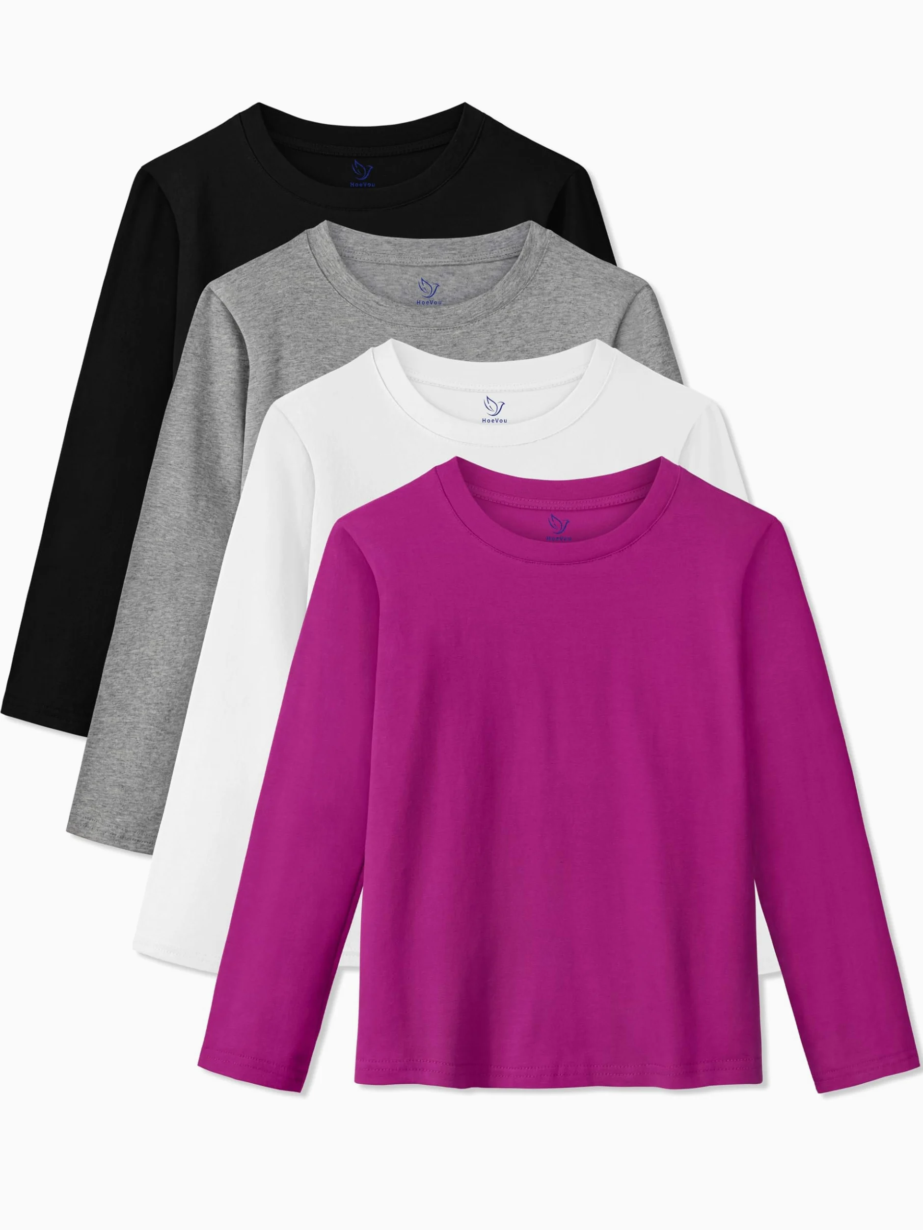 HoeVou Paquete de 4 camisetas de manga larga para niñas, de algodón suave, camisetas básicas sin etiquetas, para adolescentes y jóvenes