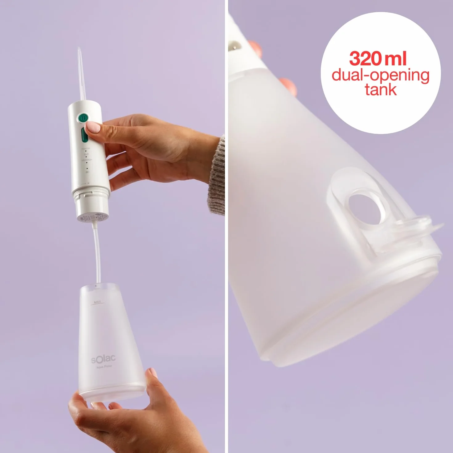 Solac Irrigador Dental Aqua Pulse 320ml 120 pulsos/min 3 niveles presión Batería recargable Cabezal 360º 2 boquillas Auto Off