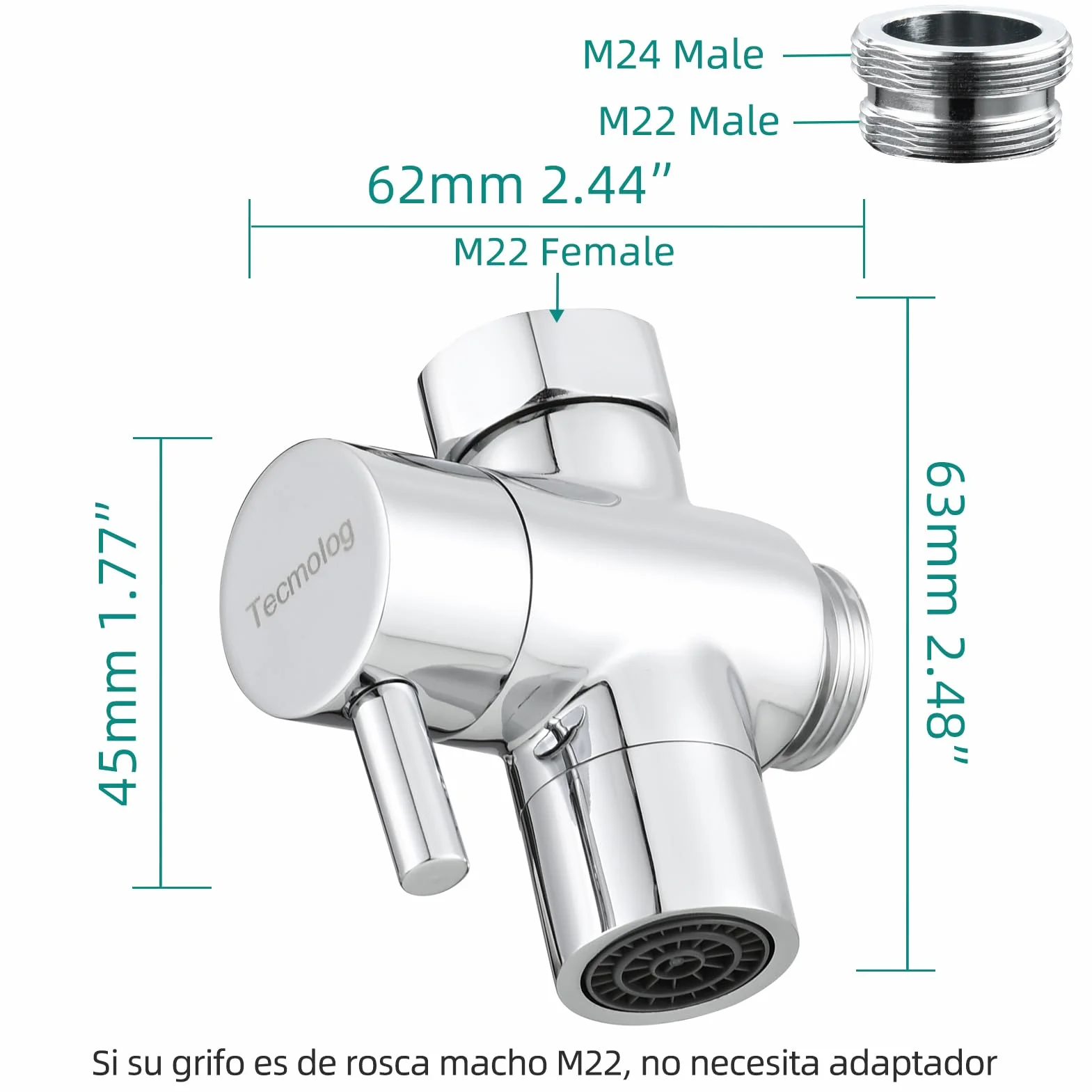 Tecmolog Desviador de Grifos Lavabos 22mm Adaptador Manguera Grifo Cocina Cromo SBA021C