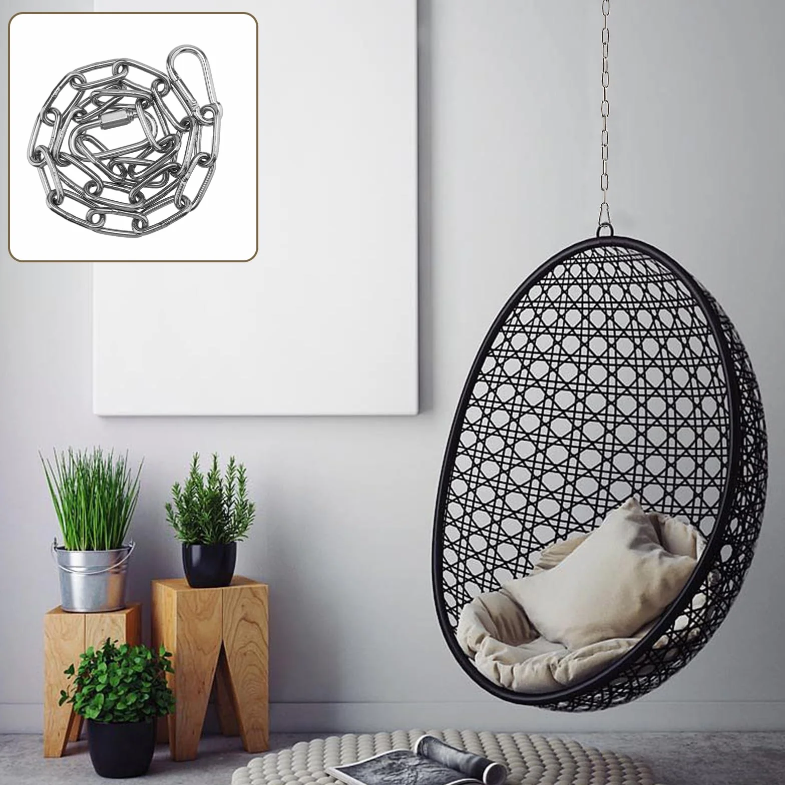 Cadena de acero inoxidable 4 mm 60 cm para silla colgante con ganchos M5 y hebillas