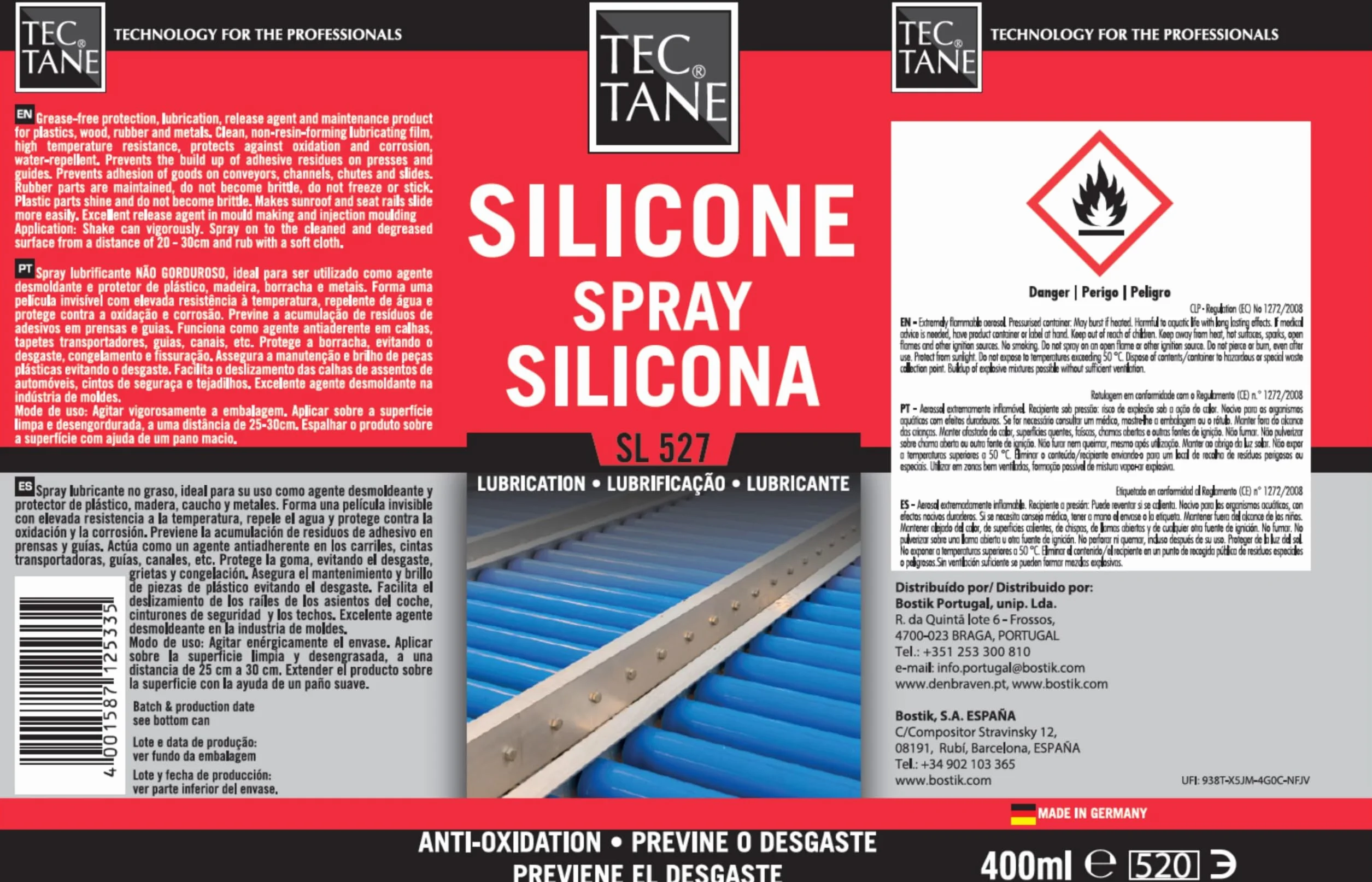 Silicona Spray SL 527, Lubricante no Graso, Desmoldeante, Protector Plásticos Madera Caucho Metales, 400 ml