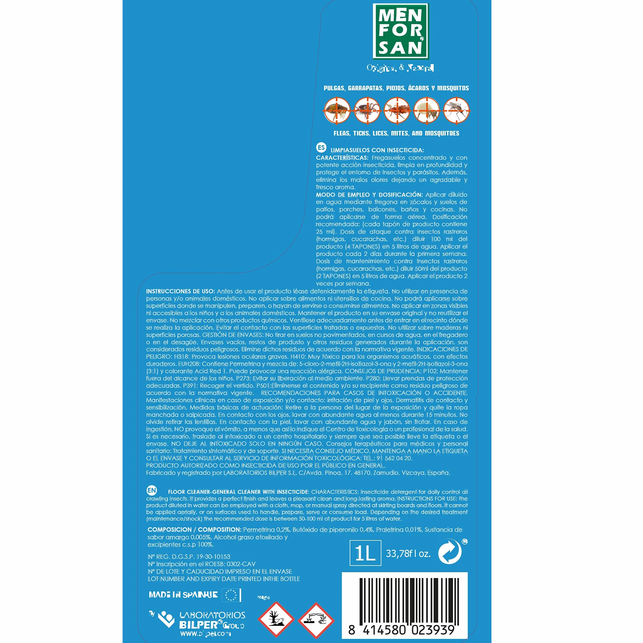 MENFORSAN Limpiasuelos Insecticida Total 10 1L Elimina Protege Entorno Mascota Hogar Interior Exterior