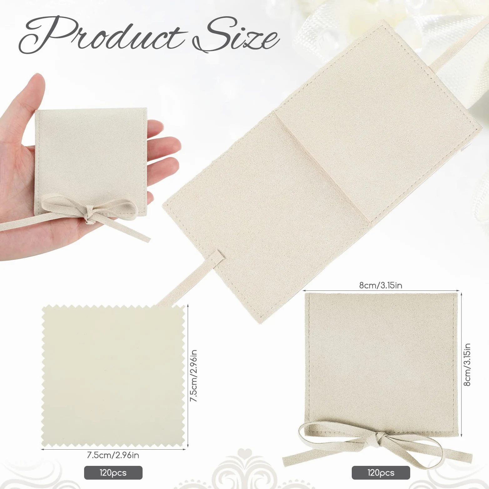 120 bolsas de microfibra para joyas, bolsas de regalo de joyería, paquete de pulseras con pajarita para pequeñas empresas con paño de limpieza de joyas para aretes, collares y embalaje (beige)