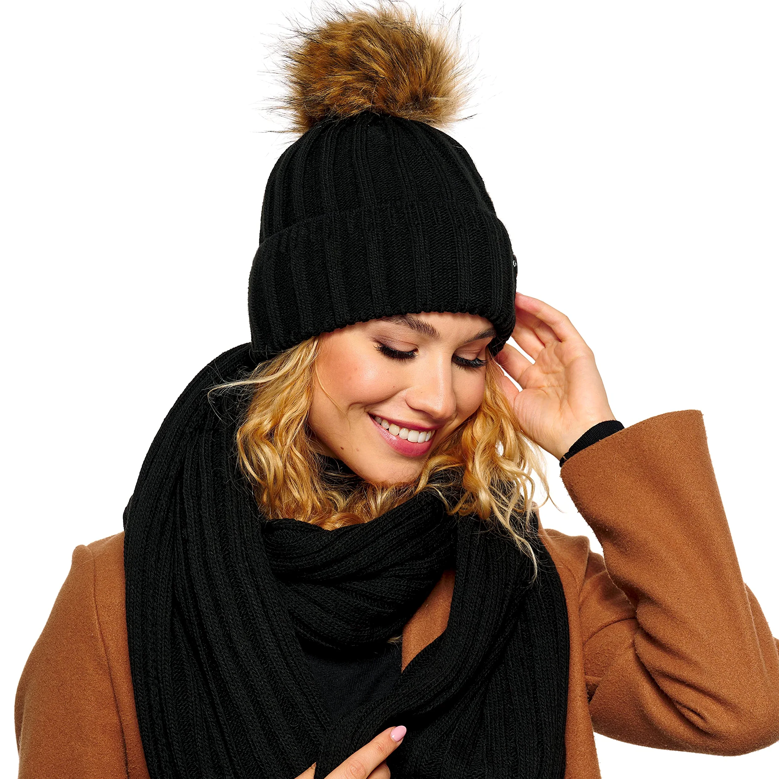 ELIMELI Gorro de cachemira para mujer, de invierno, cálido, gorro de lana con cachemira, gorro de invierno con pompón de piel sintética, gorro de punto para mujer, para invierno, gorro de pompón,