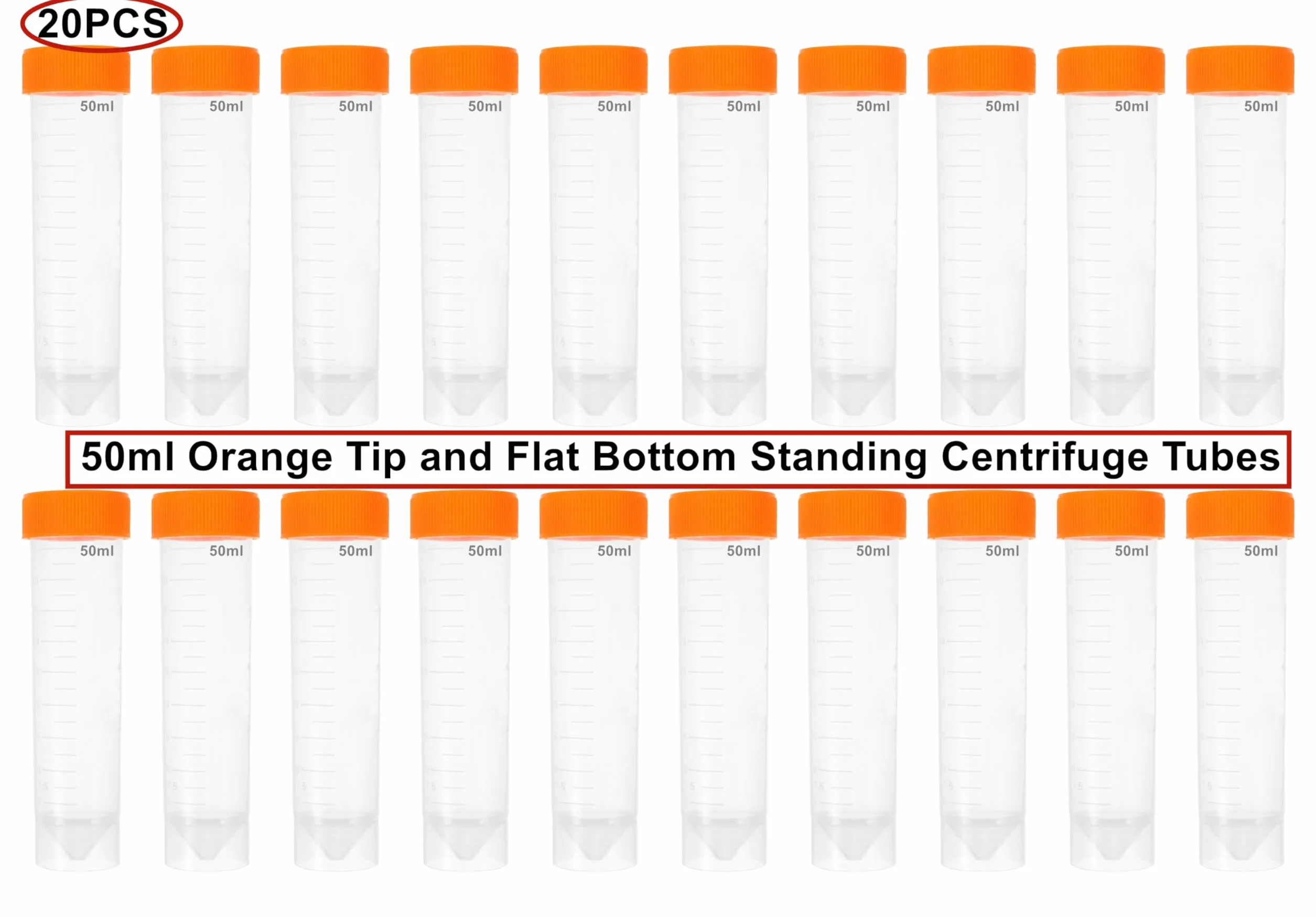 Tubo de ensayo de plástico 50 ml, transparente con tapa naranja, fondo cónico/plano, graduado para experimentos de química