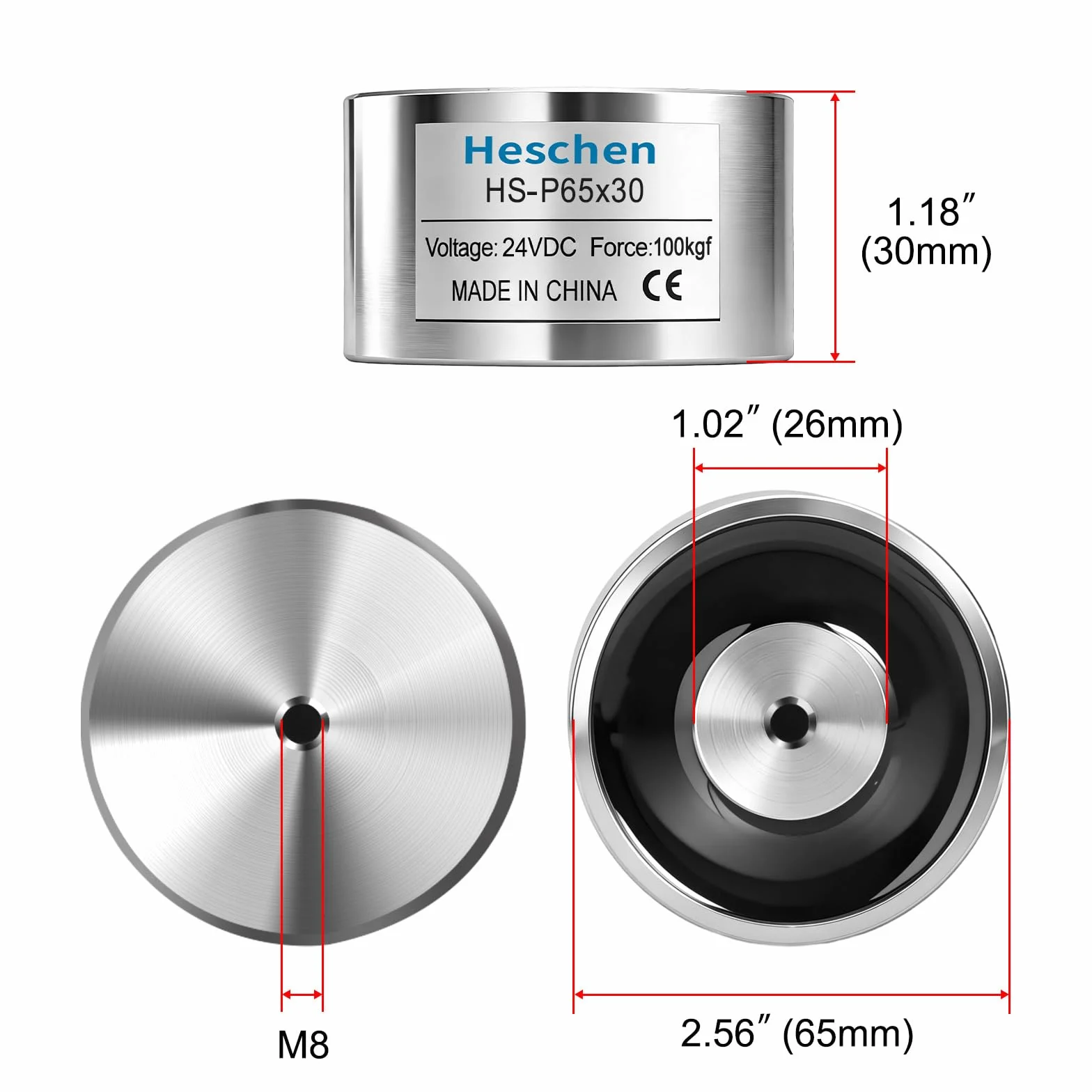 Heschen Electroimán P65/30 24V CC 80kg Atracción Plateado Cilíndrico