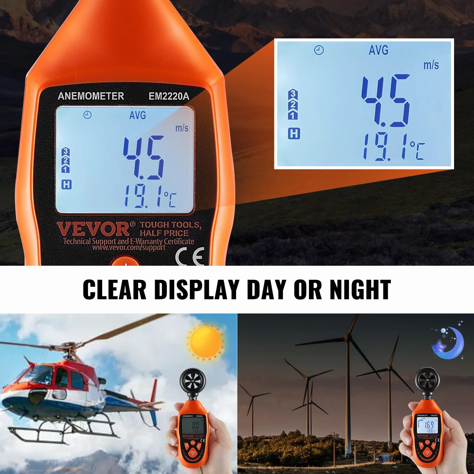 VEVOR Anemómetro Portátil Digital con Pantalla LED -10~45°C Medir Velocidad del Viento Temperatura