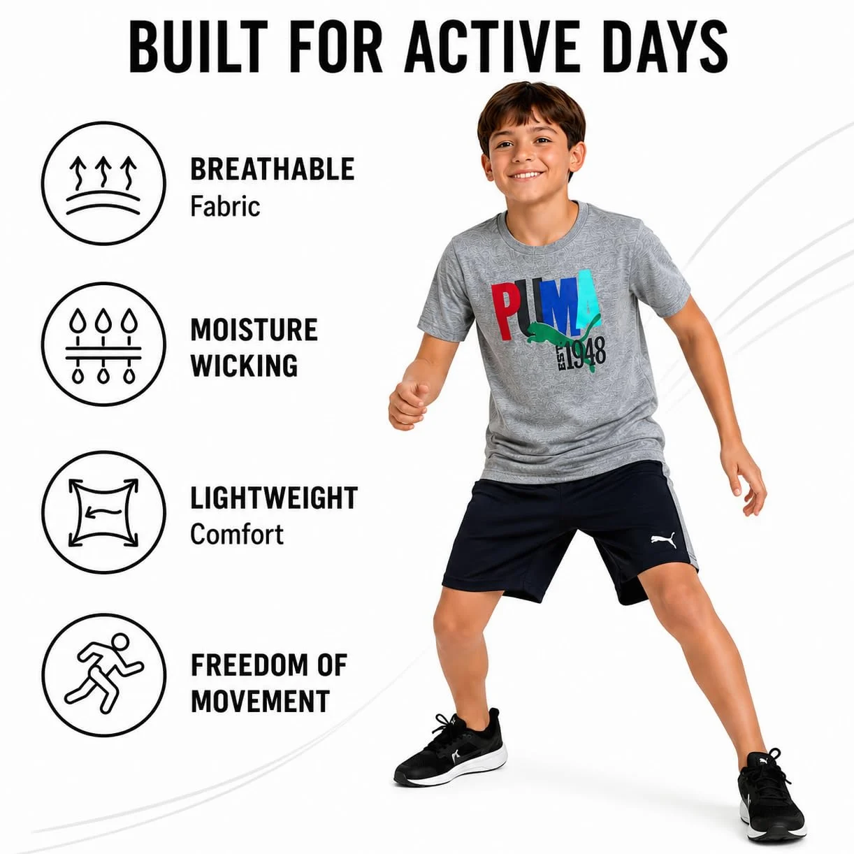 PUMA Conjunto de pantalones cortos activos para niños, camiseta de ajuste seco y pantalones cortos de gimnasio de alto rendimiento, conjunto de ropa deportiva para niños (4-16)