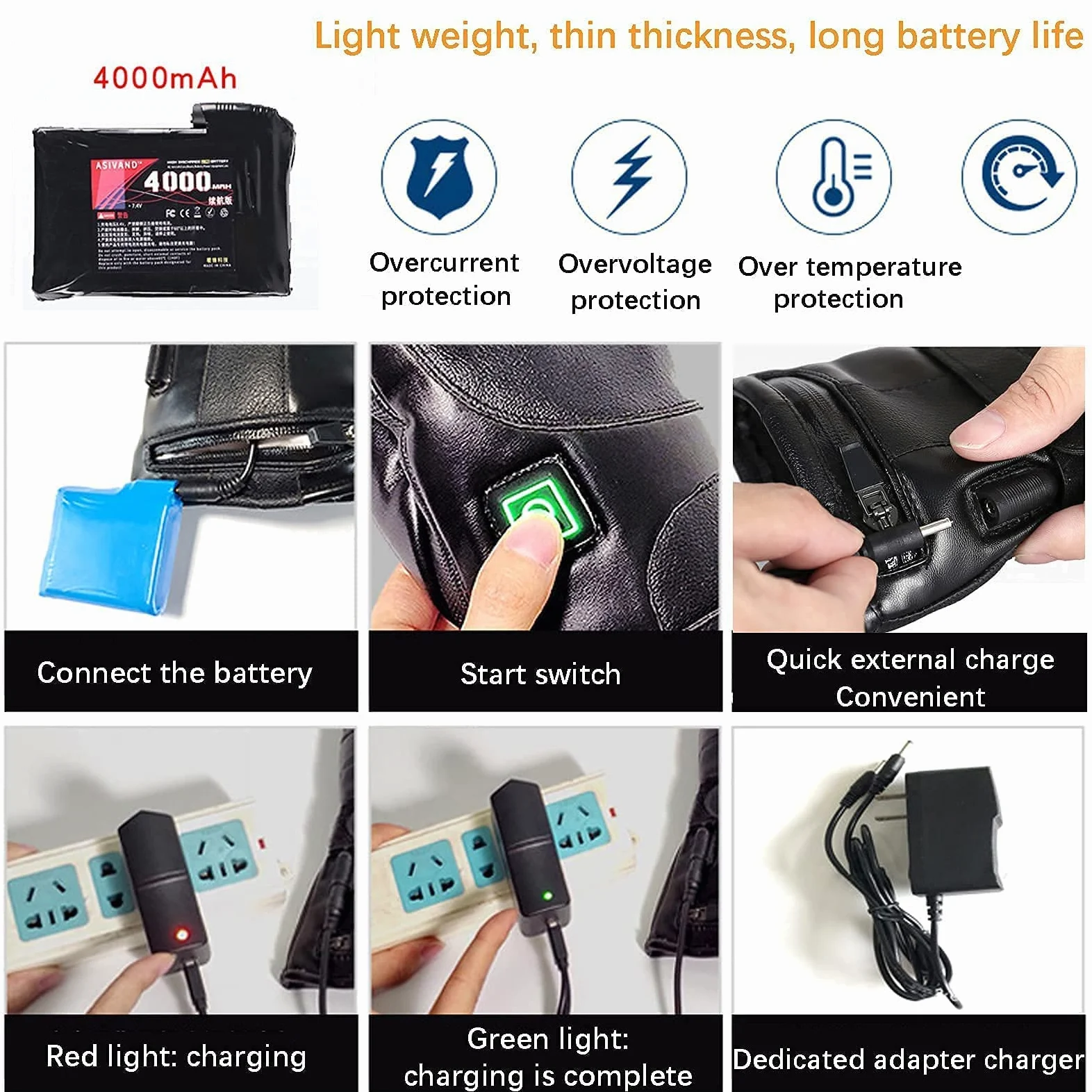 Guantes térmicos, 7.4V 4000mAh Batería Recargable Guantes térmicos eléctricos para Hombres Mujeres Guantes térmicos para Motocicleta Pantalla táctil Impermeable para Deportes Esquí
