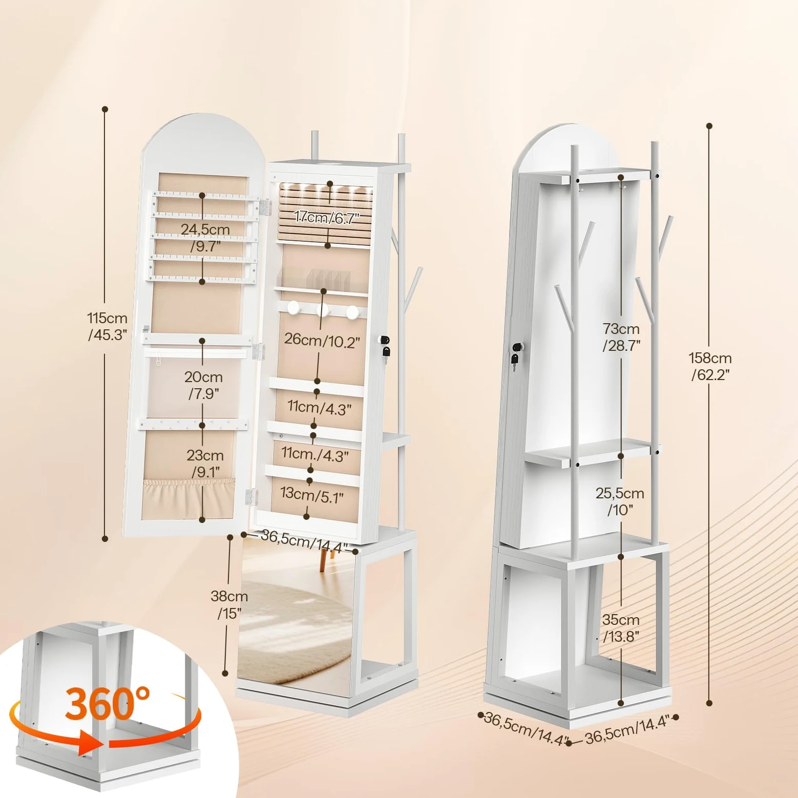 HOOBRO Armario para Joyas, Espejo Joyero de Pie, Base Giratoria y Cerradura, con Luz LED y Zona Abierta, con Ganchos para Ropa y Sombreros, Pendientes, Anillos, Collares y Cosméticos, Blanco EWT09JC04