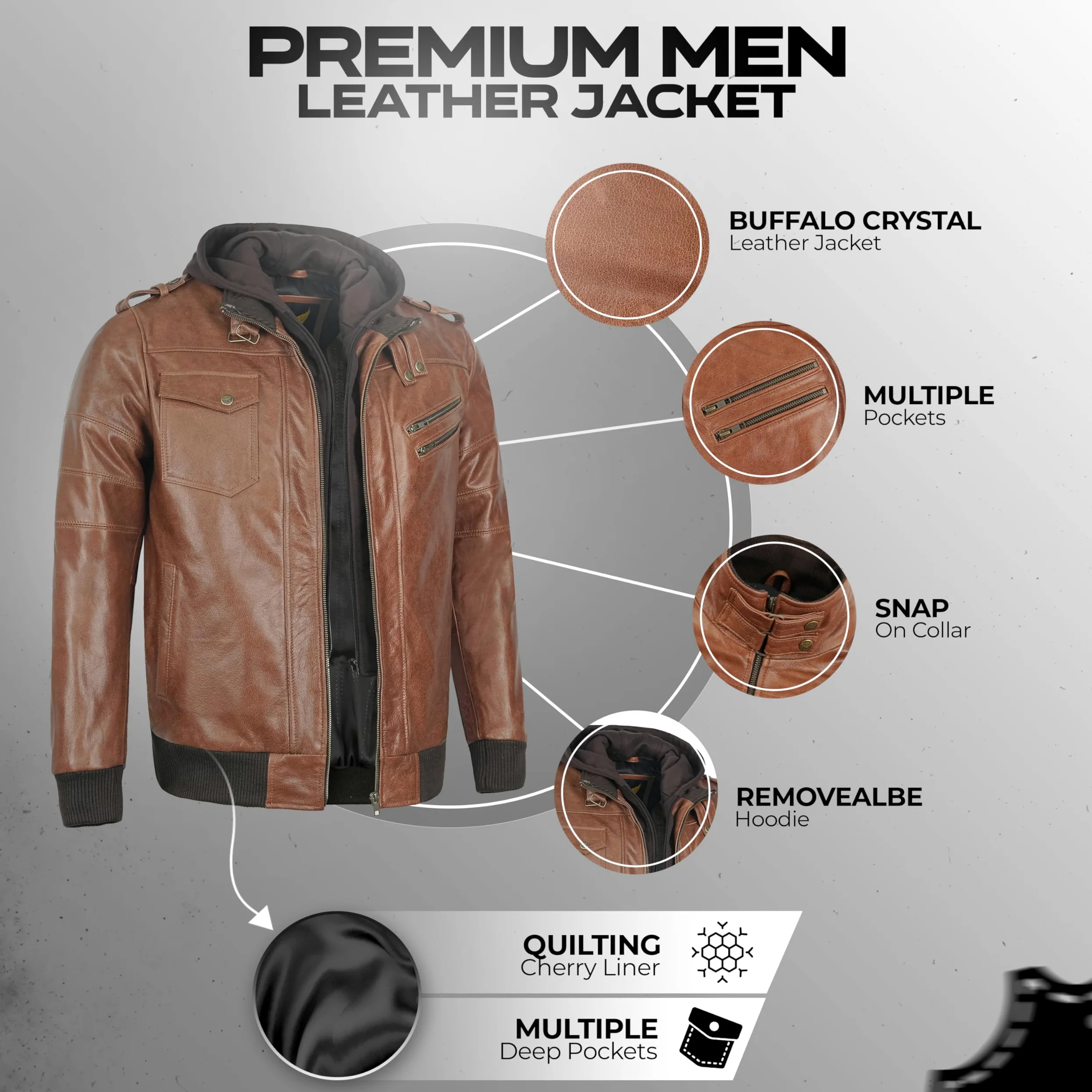 Leatherick Chaqueta de cuero Buffalo: capucha de forro polar extraíble, 7 bolsillos funcionales y cierre frontal con cremallera.