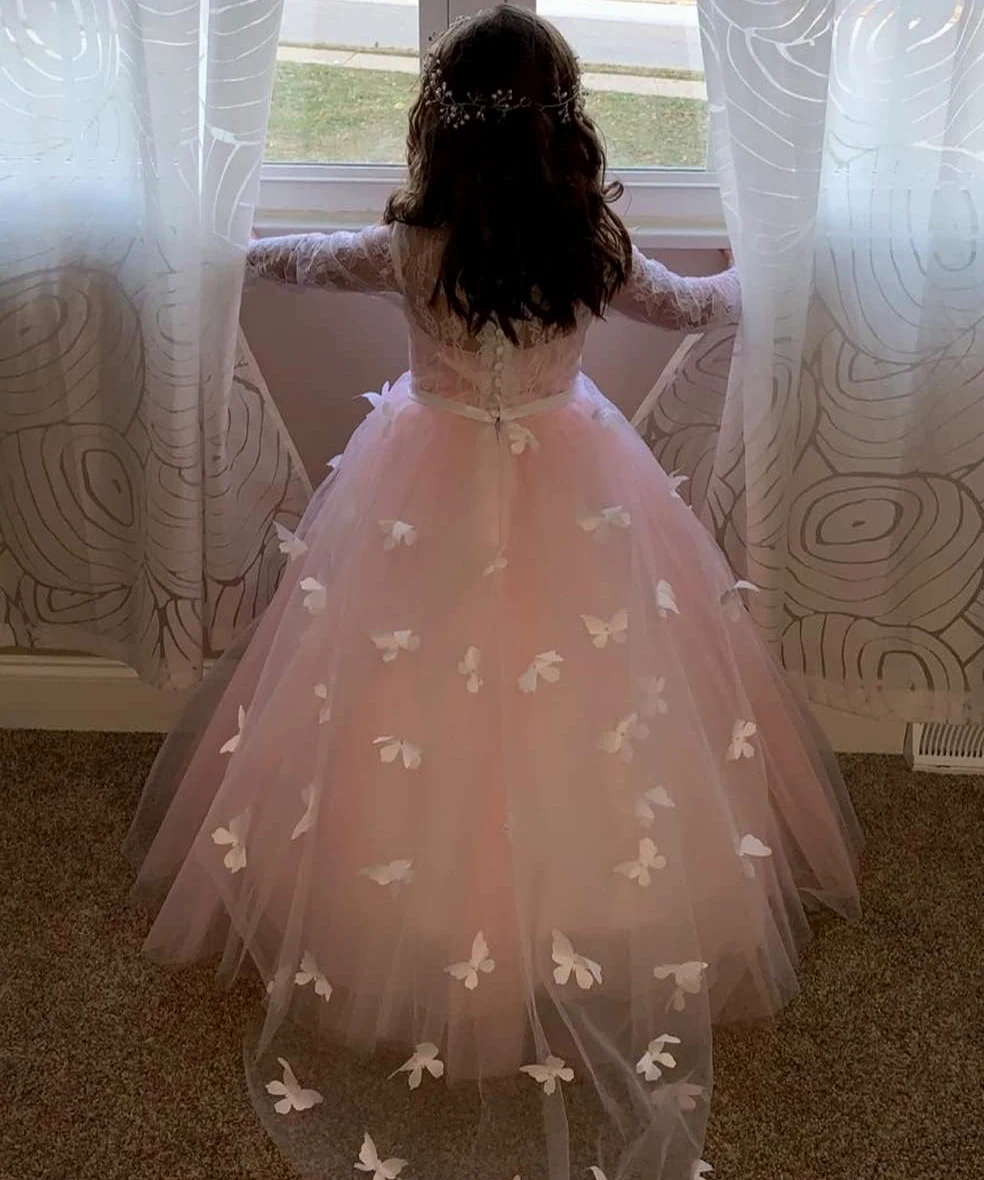 Lindo Vestido de niña de Flores de Encaje de Manga Larga Vestido de Fiesta de Primera comunión Vestido de Mariposa