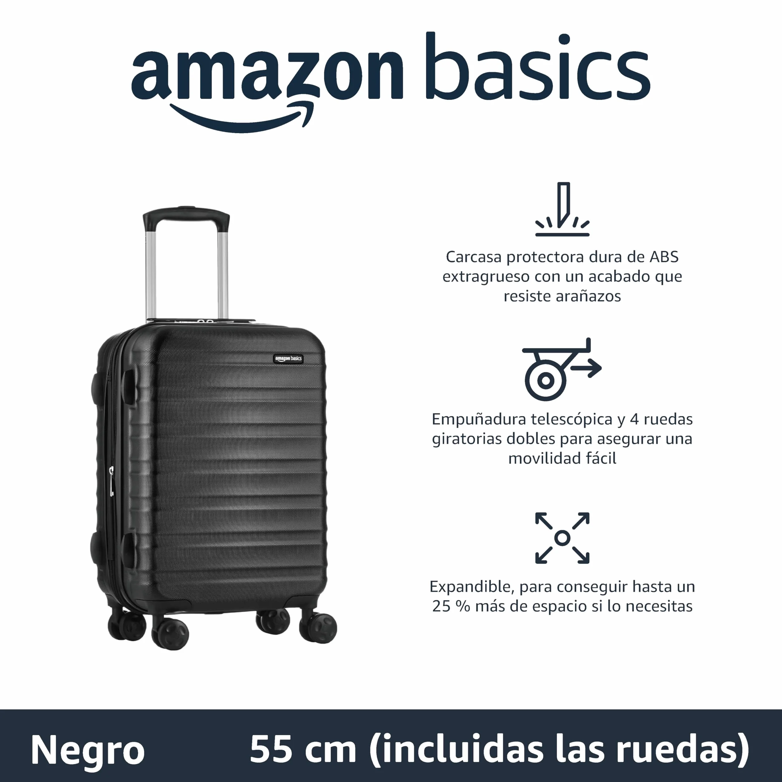 Amazon Basics Maleta Rígida Pequeña Equipaje de Mano Extensible ABS 4 Ruedas Giratorias 55x37,5x25,5cm Negro