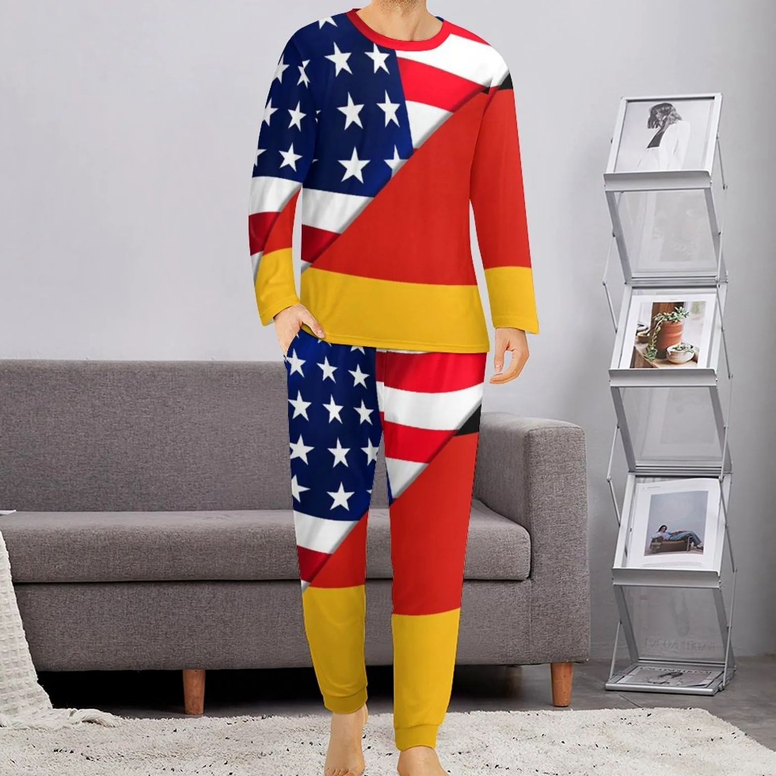 Conjunto de pijama para hombre con bandera de Estados Unidos y bandera alemana, cuello redondo, ropa de dormir larga, 2 piezas