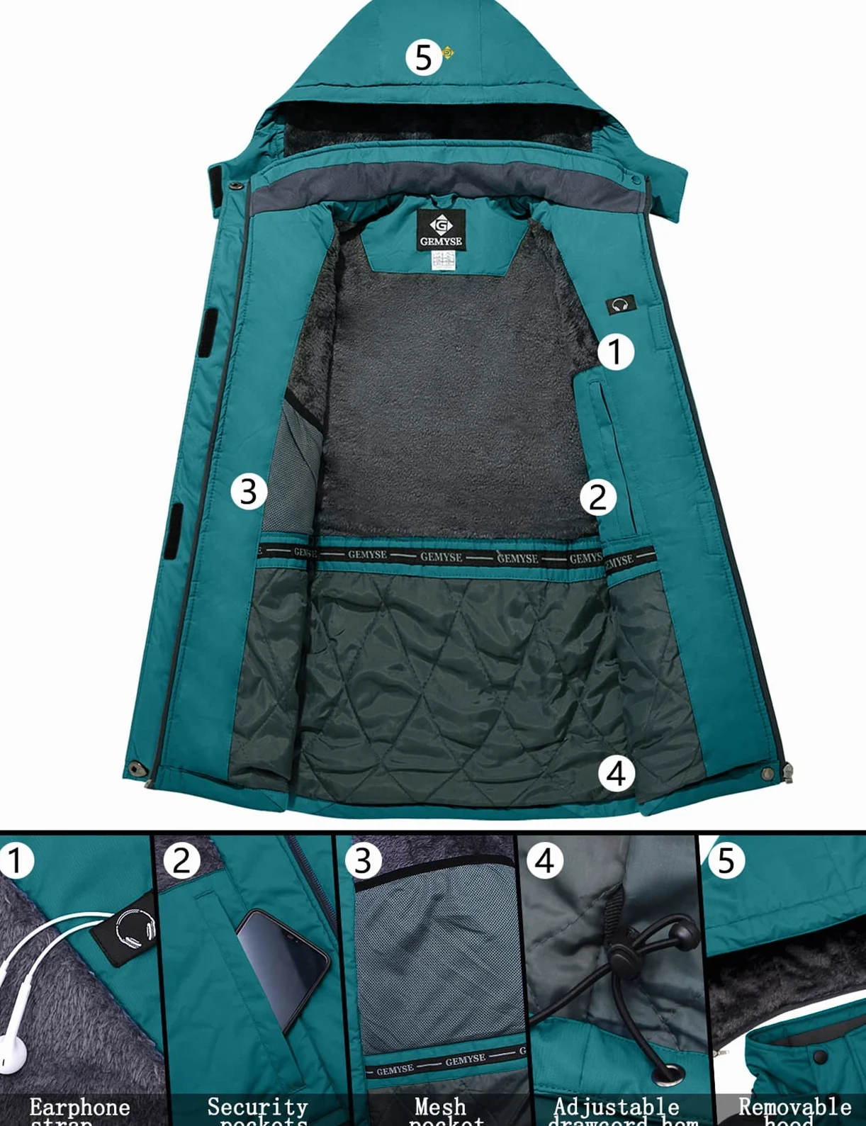 GEMYSE Chaqueta de Esquí Impermeable de Montaña para Mujer Abrigo de Invierno de Lana Antiviento con Capucha