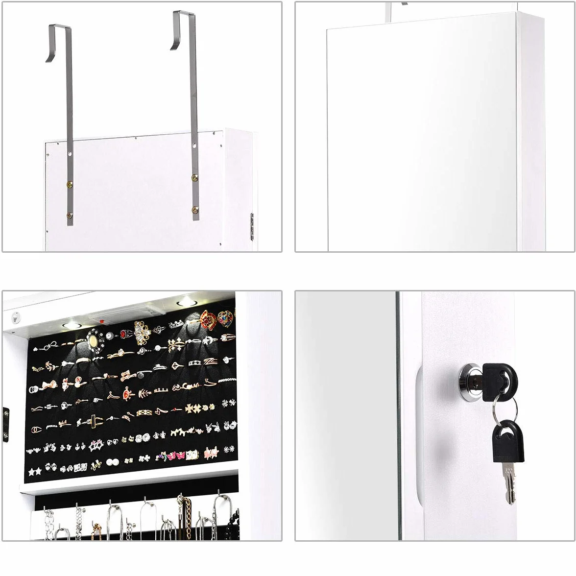 GIANTEX Armario Joyero con Luz LED, Armario de Joya con Espejo de Cuerpo Entero, Montado en la Puerta o en la Pared, Espejo Joyero con Cerradura, Organizador para Joyas, Pendientes, Collares (Blanco)