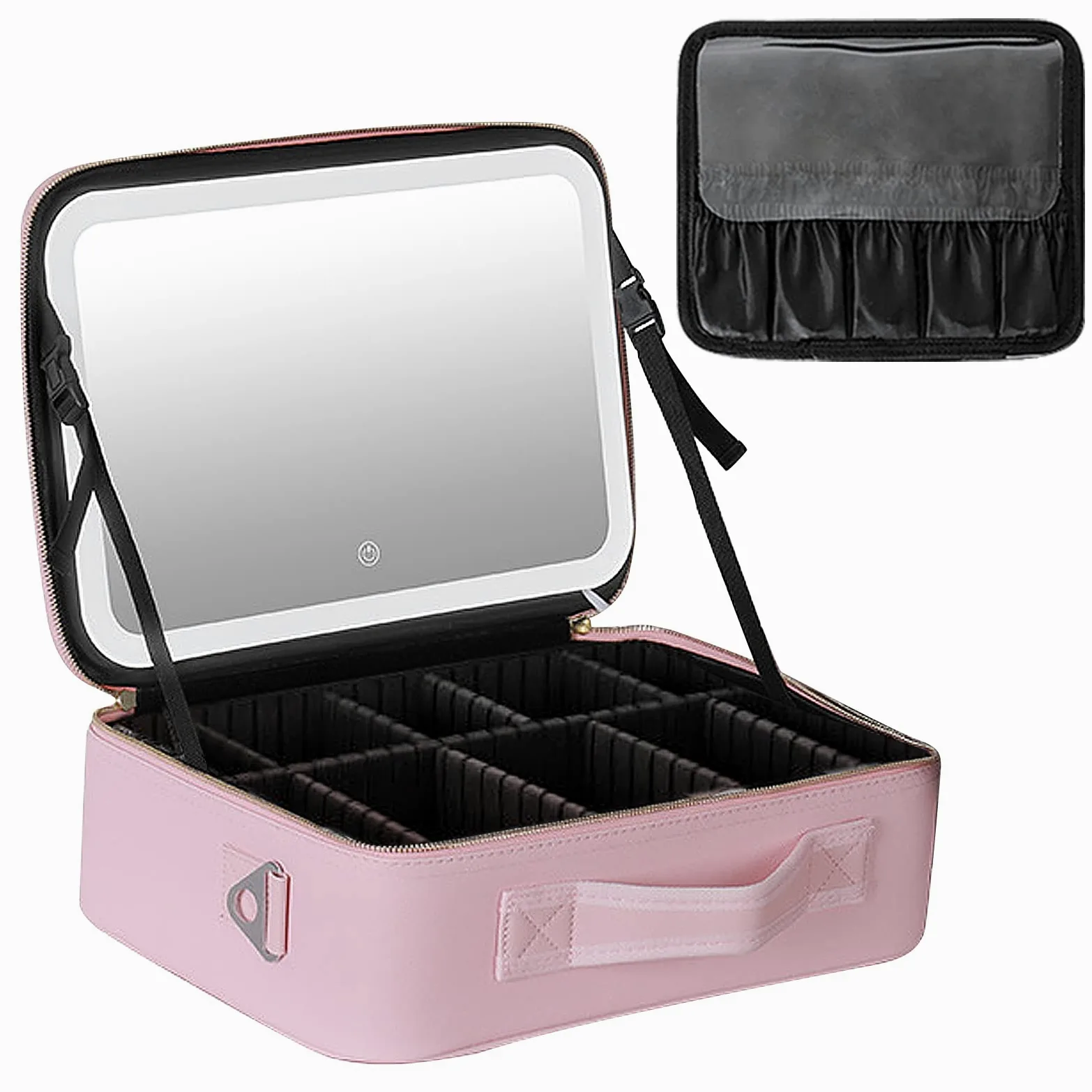 Bolsa de cosméticos de gran capacidad con espejo y luz, bolsa de cosméticos profesional con espejo iluminado, bolsa de cosméticos portátil, compacta y práctica, Rosa., large, Bolsa de cosméticos con