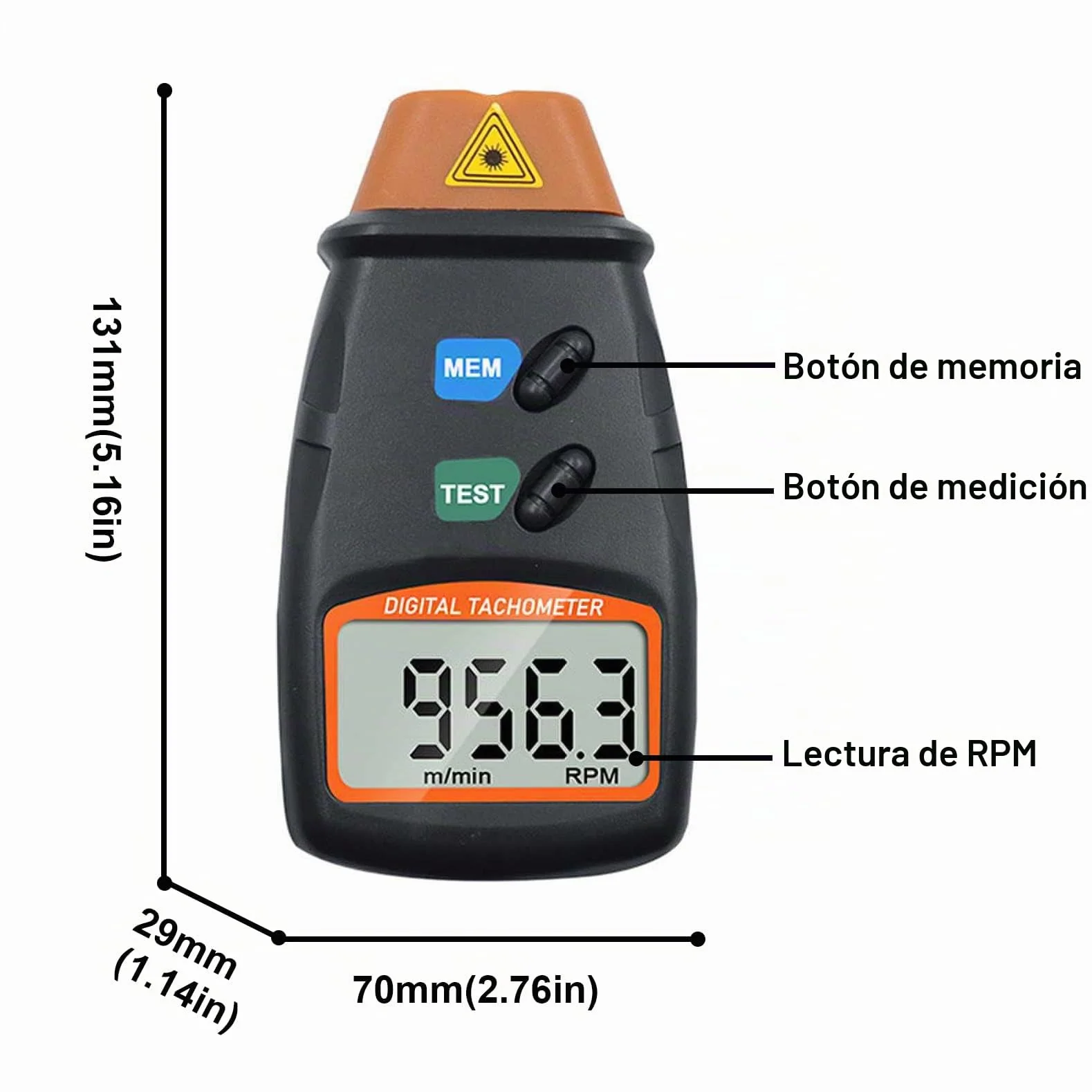 Mengshen Tacómetro Digital 2.5-99999 RPM Láser Sin Contacto Medidor De Velocidad De Rotación Con Cinta Reflectante Batería 9V