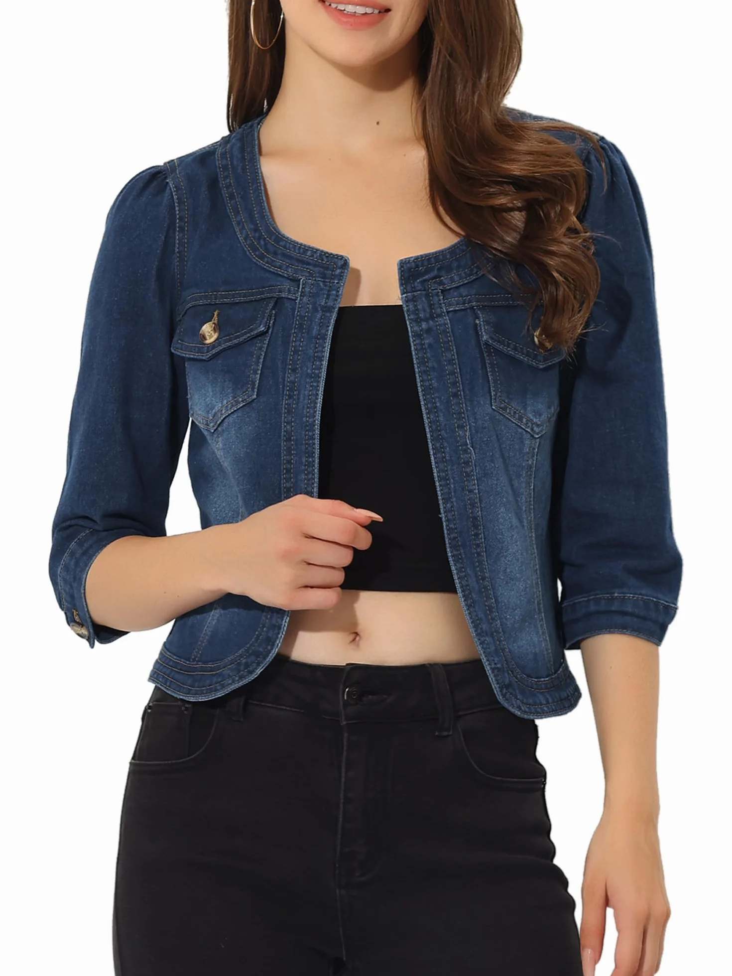 Allegra K Chaqueta Corta Mezclilla Mujer Sin Cuello Manga 3/4 Cárdigan Vaquero