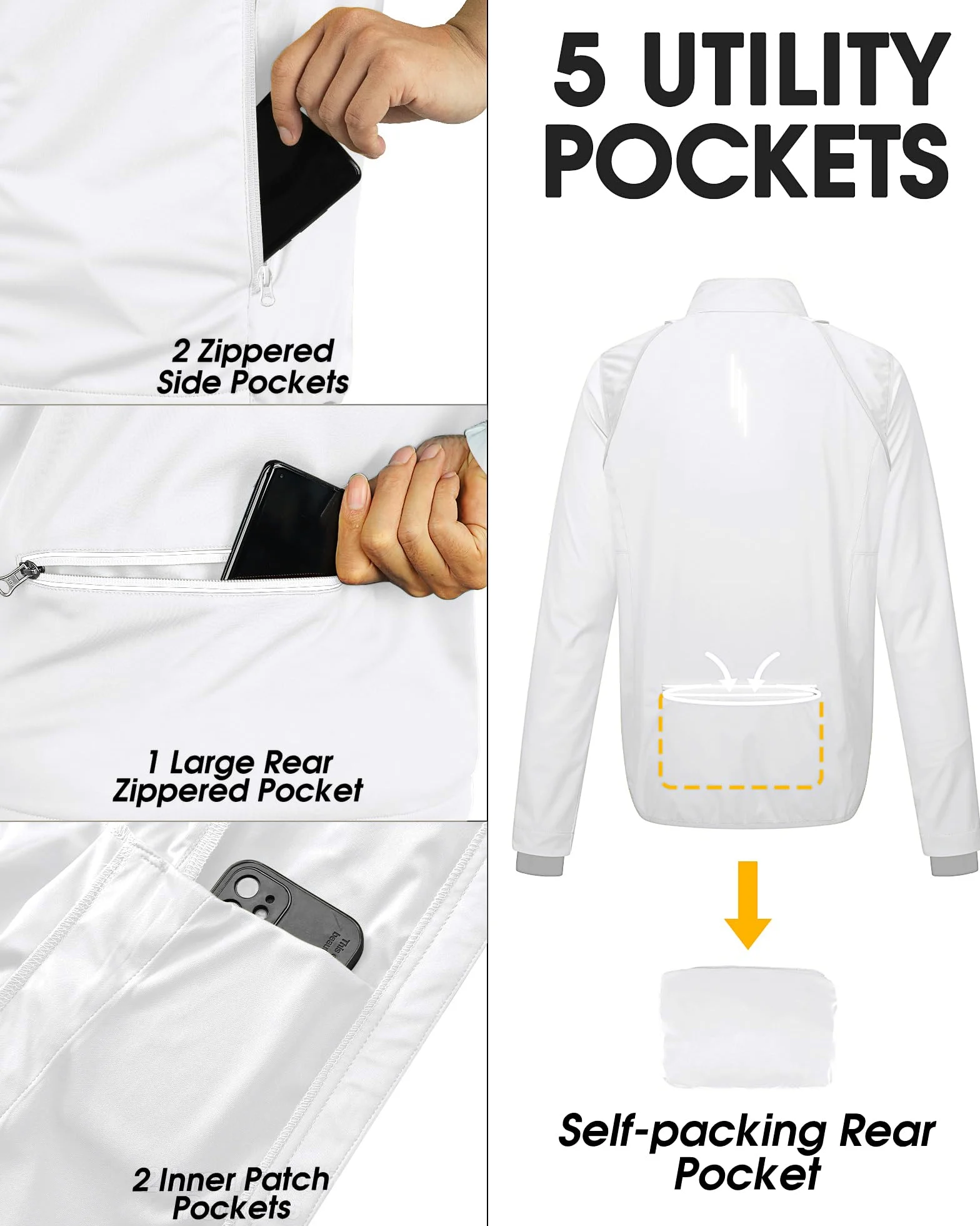 33,000ft Chaqueta de ciclismo para hombre, impermeable, transpirable, protección UV, ligera, con mangas desmontables, reflectante, chaqueta para correr, chaqueta plegable para hombre